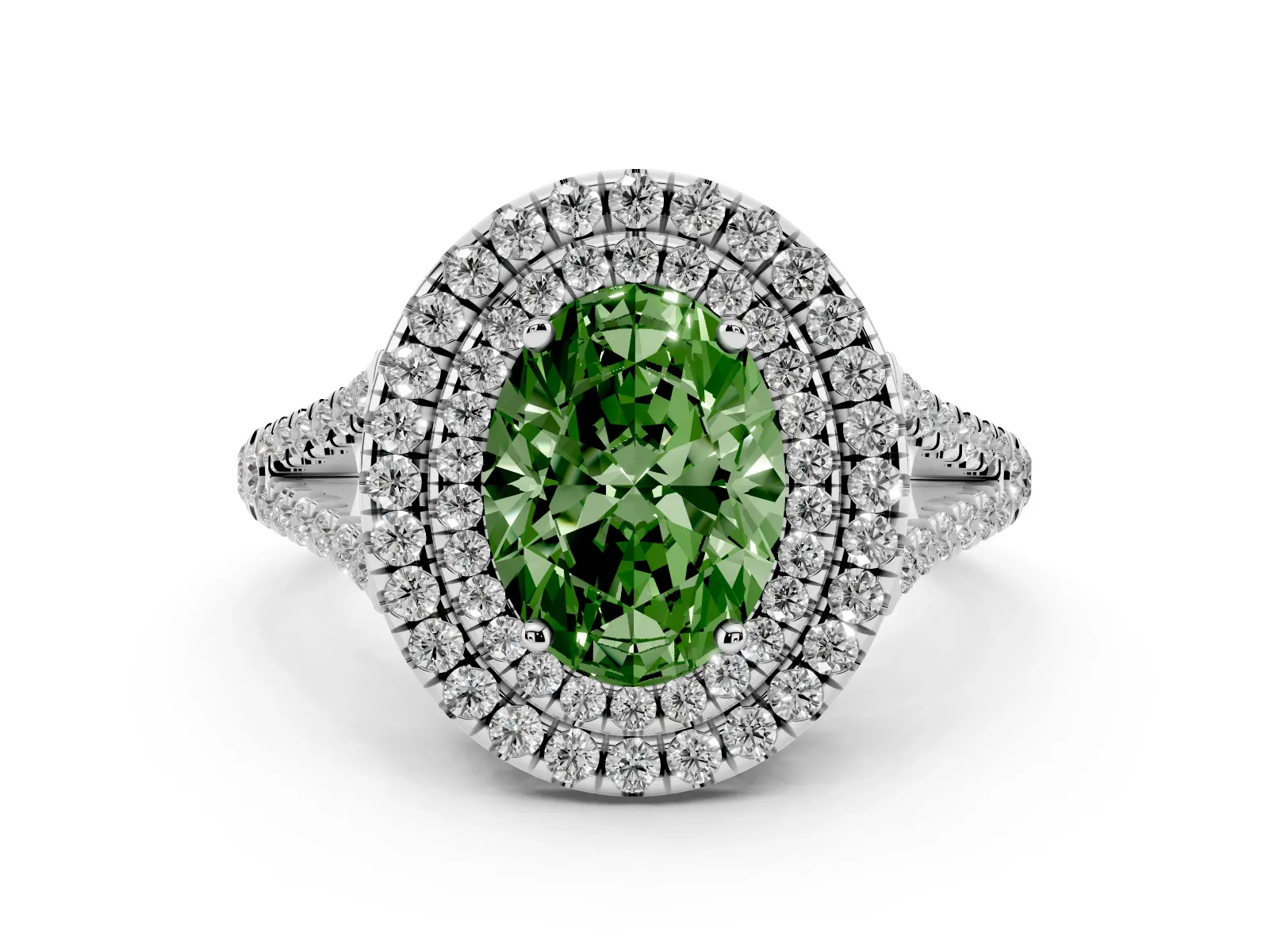 Fancy Green Oval Cut Diamond Double Halo Ring with Pavé Band and Prong Setting Platinum