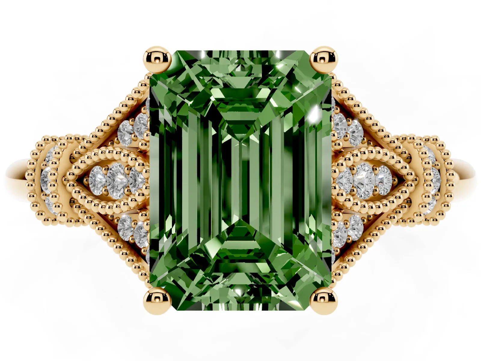 Fancy Green Emerald Cut Diamond Solitaire Ring with Floral Filigree and Pave Accents Yellow gold