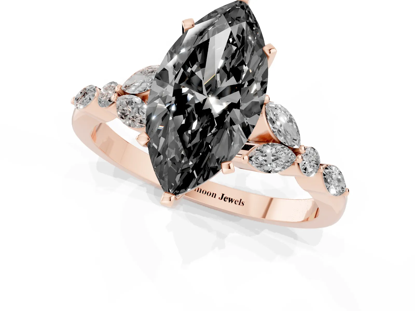 Fancy Black Marquise Cut Diamond Solitaire Ring with Side Stones and Four-Prong Setting Rose gold