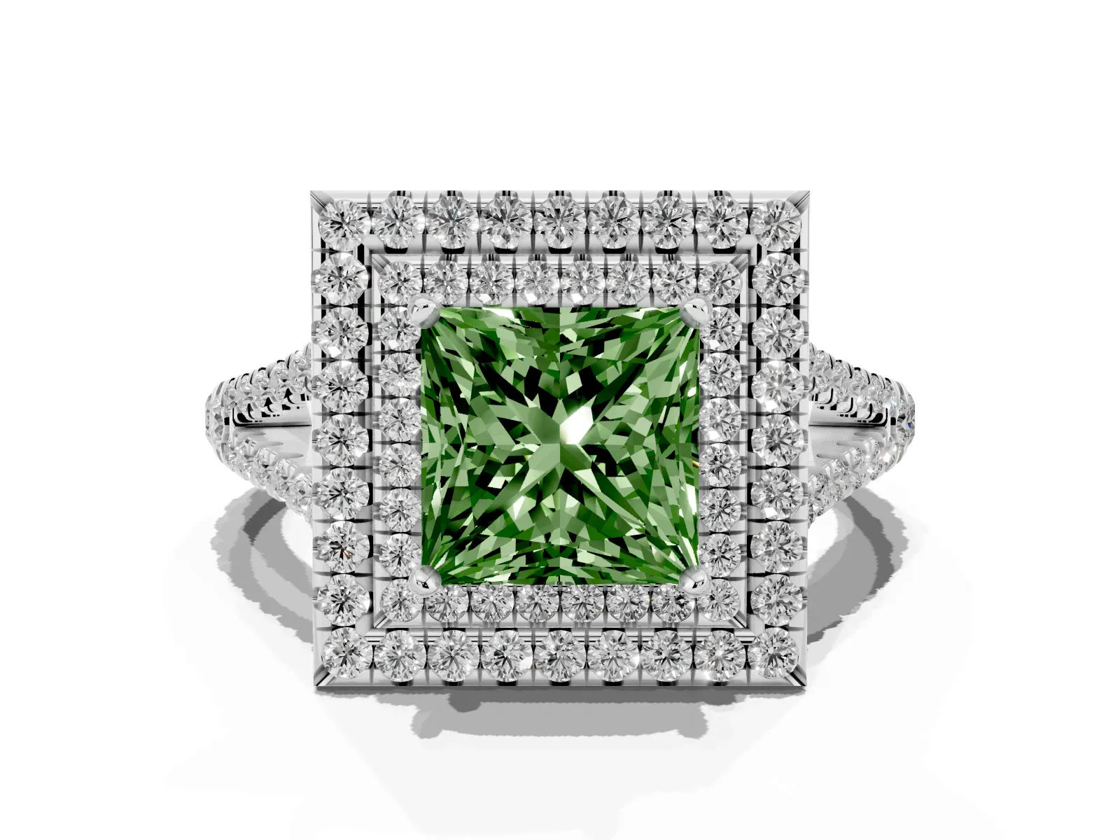 Fancy Green Princess Cut Diamond Double Halo Ring with Pavé Band and Prong Setting Platinum