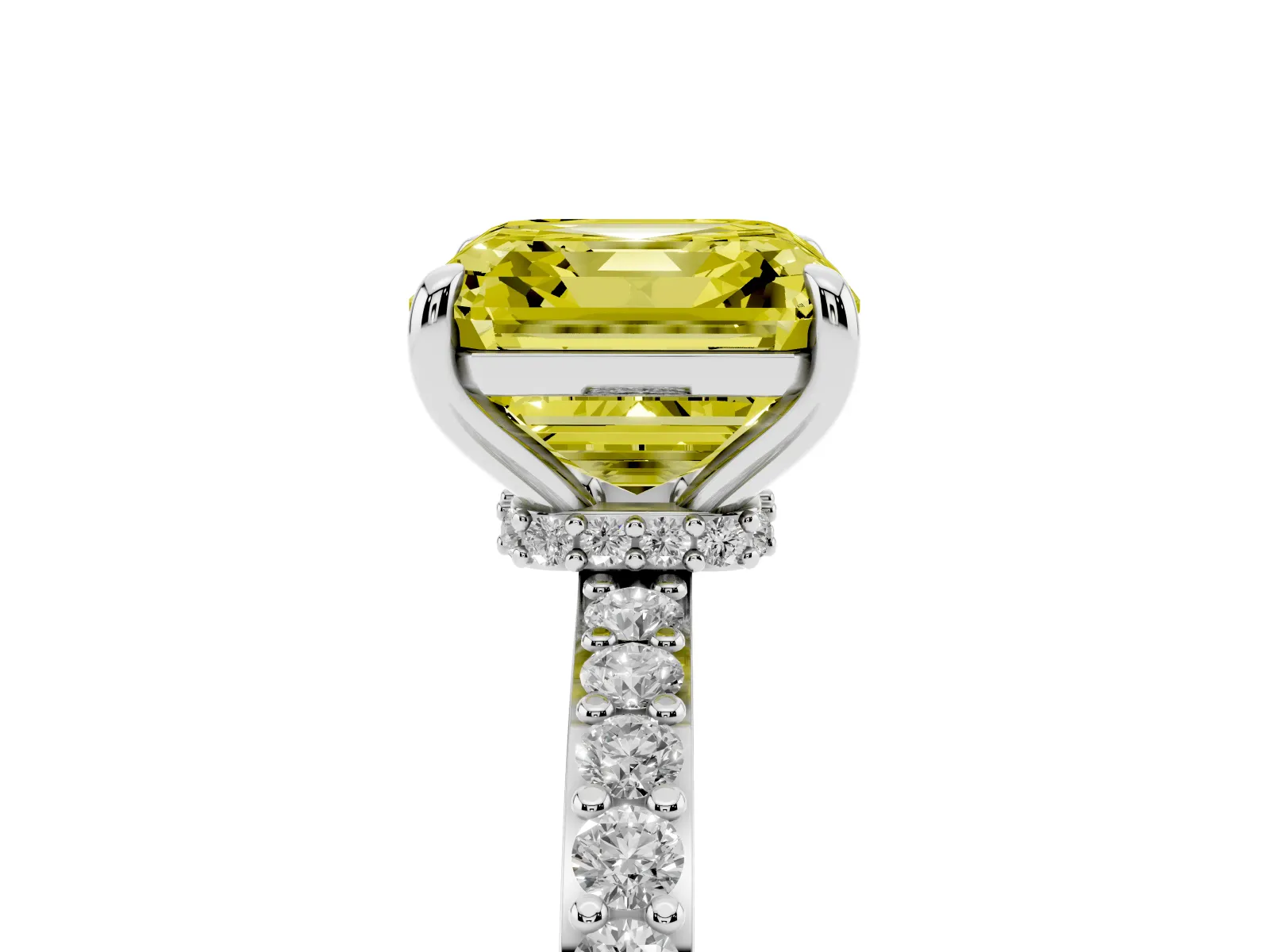 Fancy Yellow Asscher Cut Diamond Solitaire Engagement Ring with Pavé Band and Four-Prong Setting White gold
