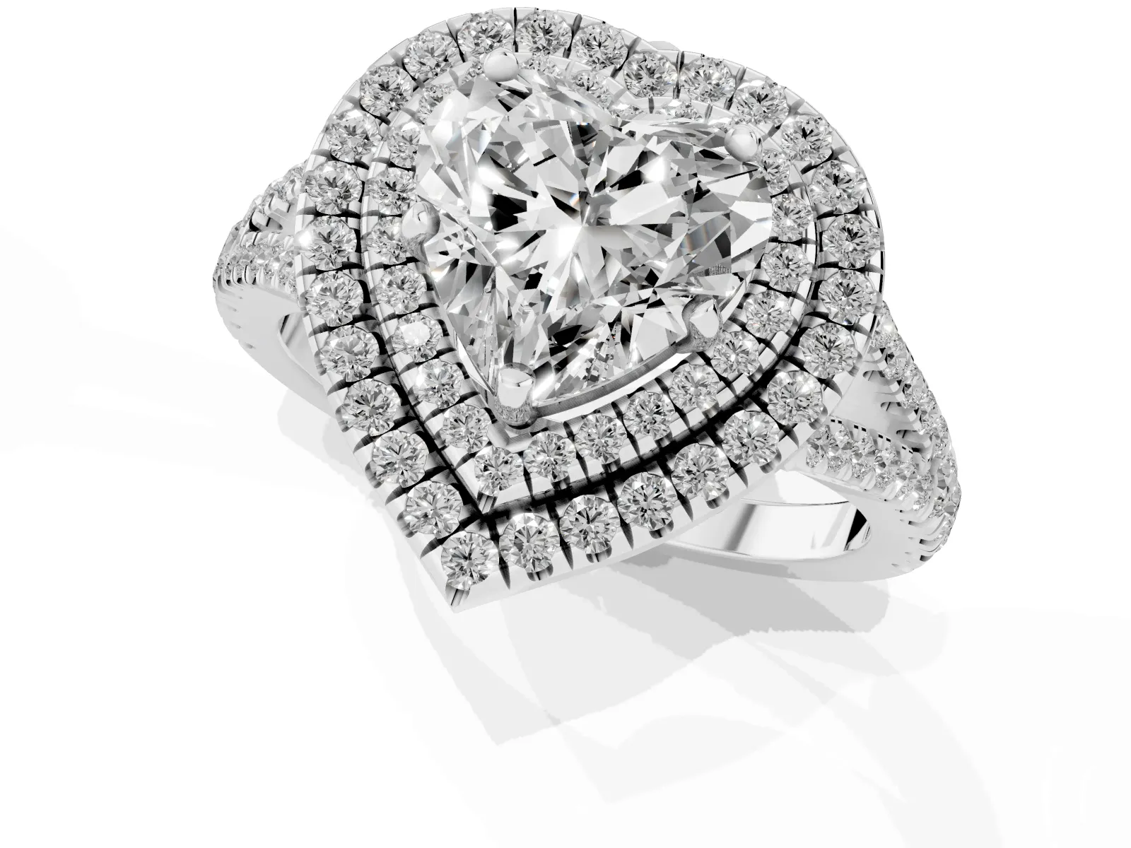 Heart Cut Diamond Double Halo Ring with Pavé Band and Prong Setting Platinum