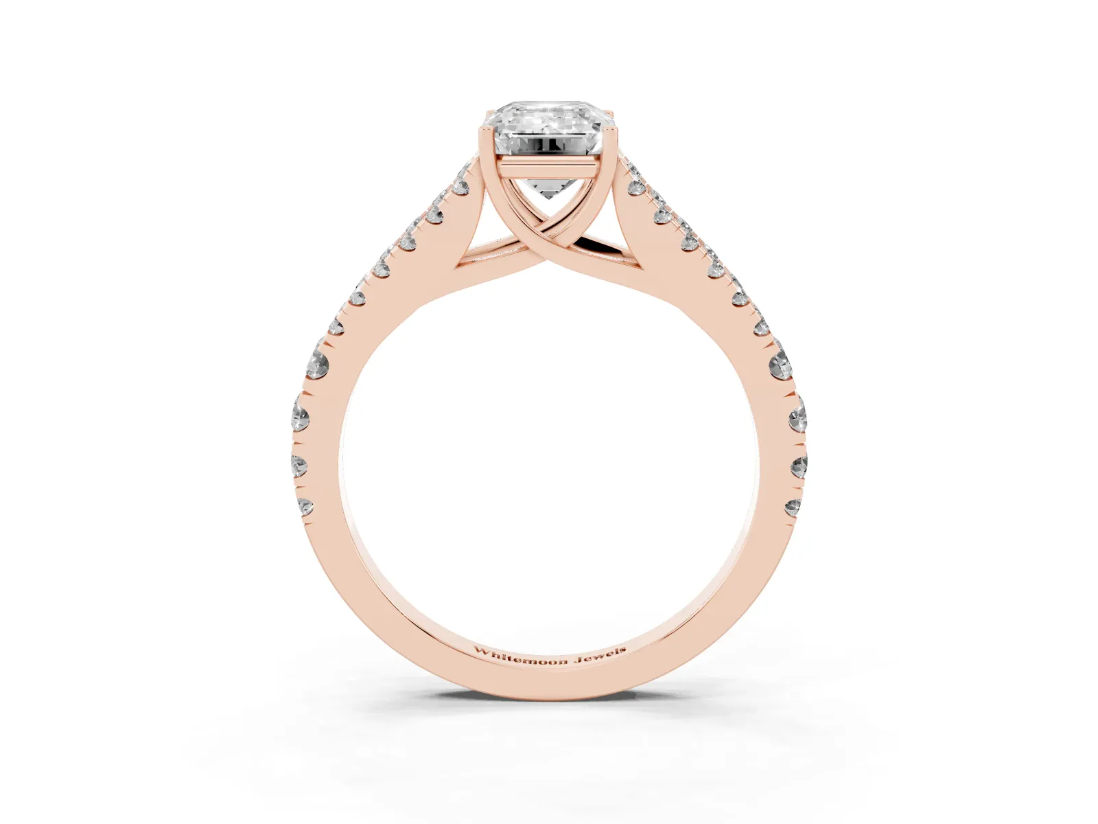 Emerald Cut Diamond Split Shank Engagement Ring with Round Pavé and Prong Setting Rose gold