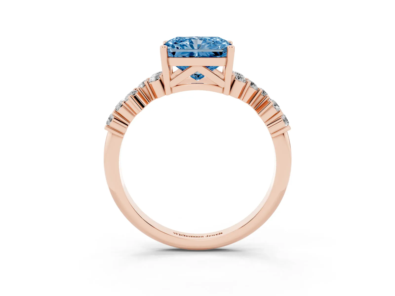 Fancy Blue Radiant Cut Diamond Scattered Round Accent Ring with Prong Setting Rose gold