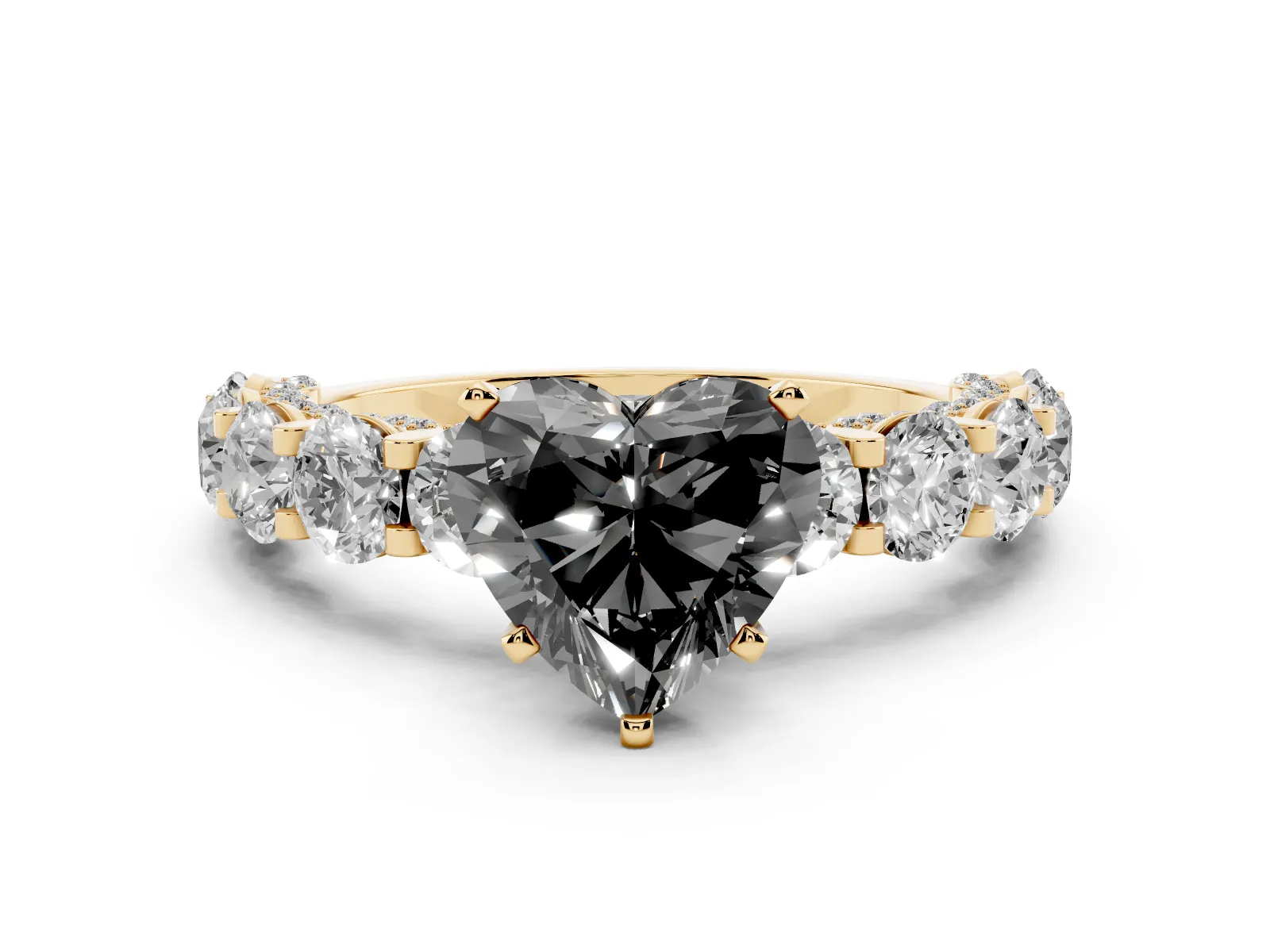 Fancy Black Heart Cut Diamond Side Stone Engagement Ring with Four-Prong Setting Yellow gold