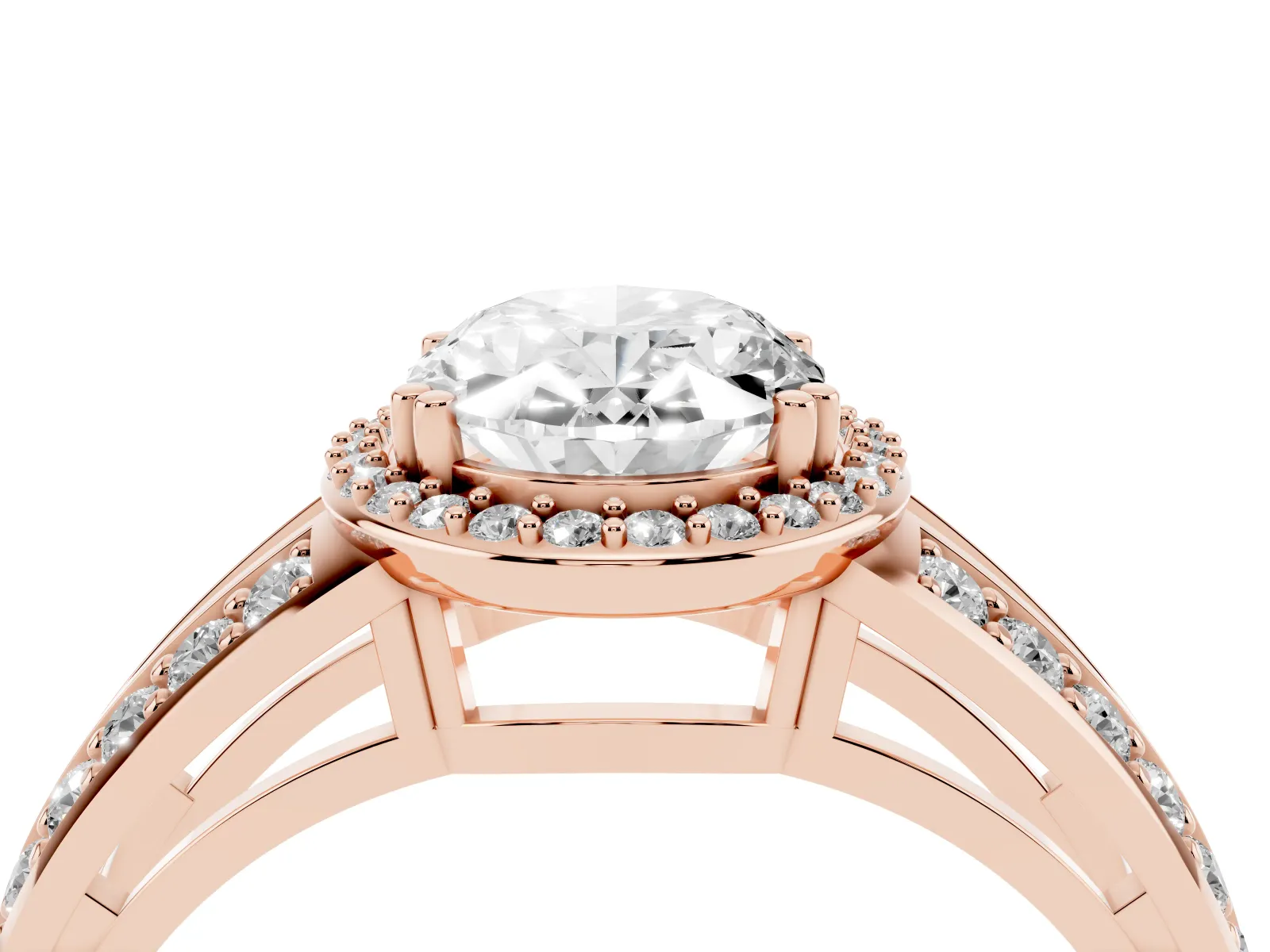 Oval Cut Diamond Halo Ring with Split Shank Pavé Band and Four-Prong Setting Rose gold