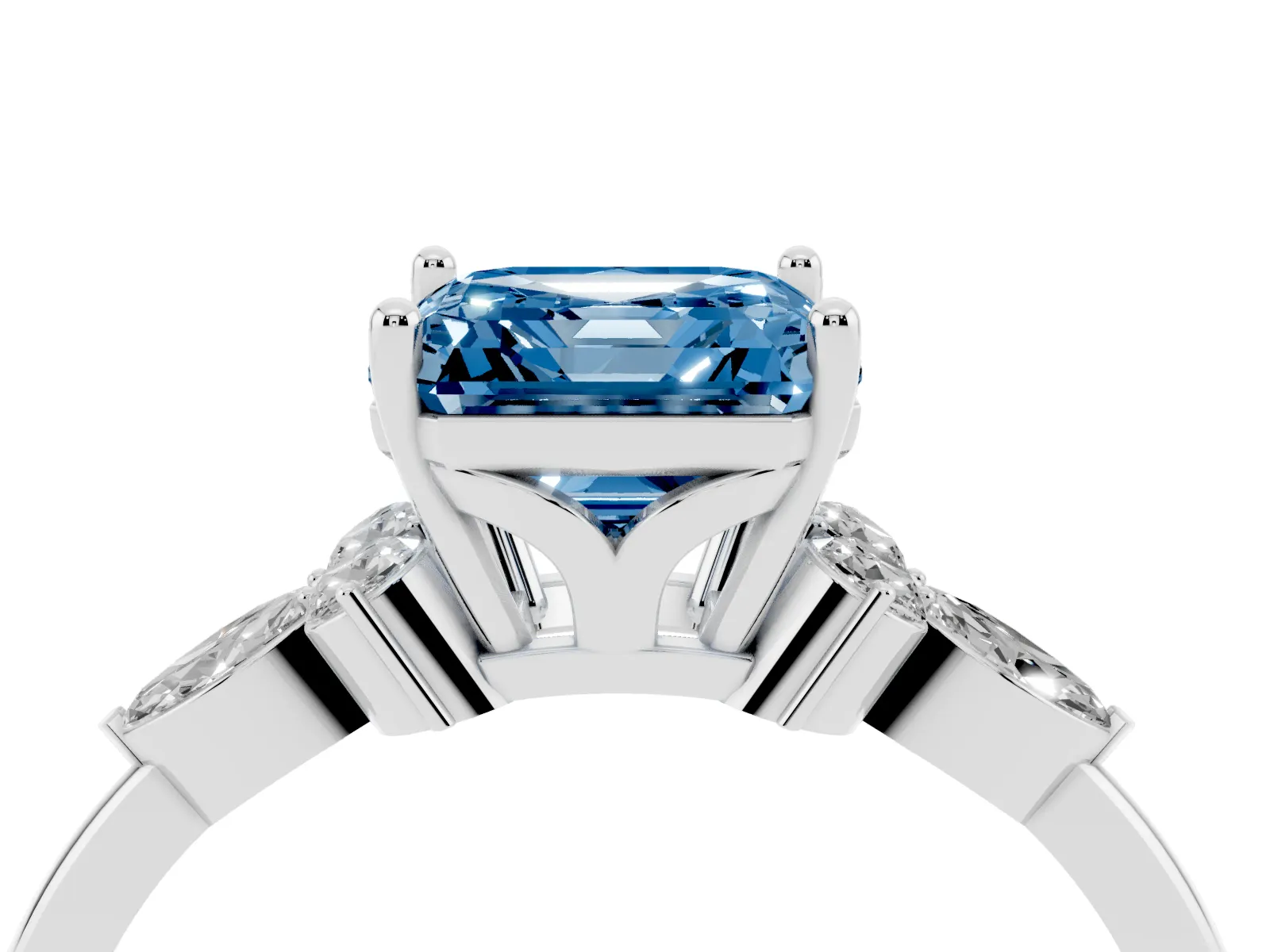 Fancy Blue Asscher Cut Brilliant Diamond Solitaire Ring with Pear Side Stones and Four-Prong Setting Platinum