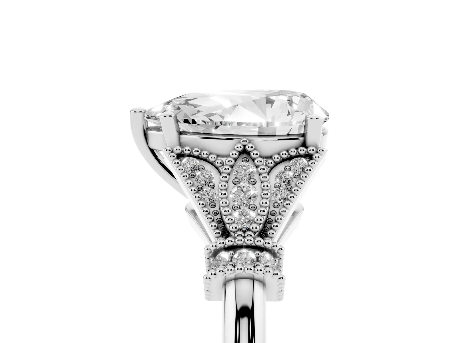 Pear Cut Diamond Solitaire Ring with Floral Filigree and Pave Accents Platinum