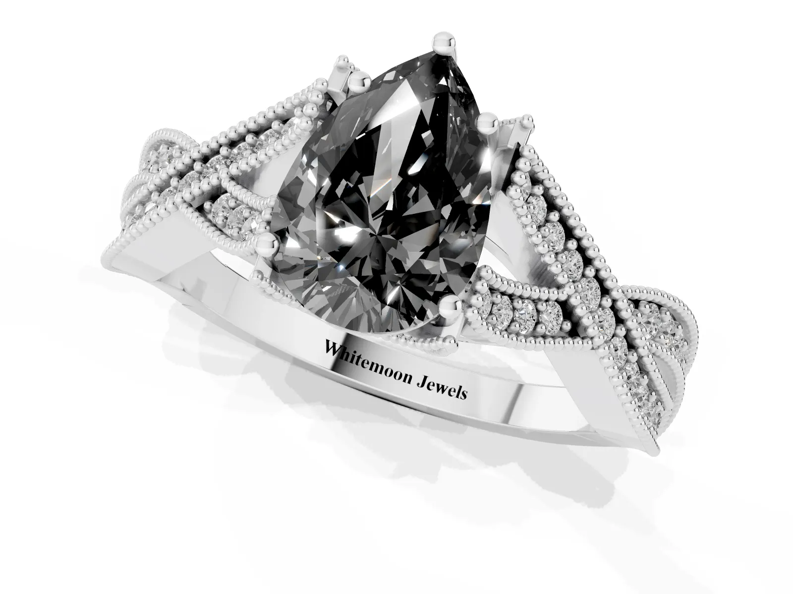 Fancy Black Pear Cut Cut Diamond Twisted Band with Milgrain Pave Setting and Four-Prong Setting Platinum
