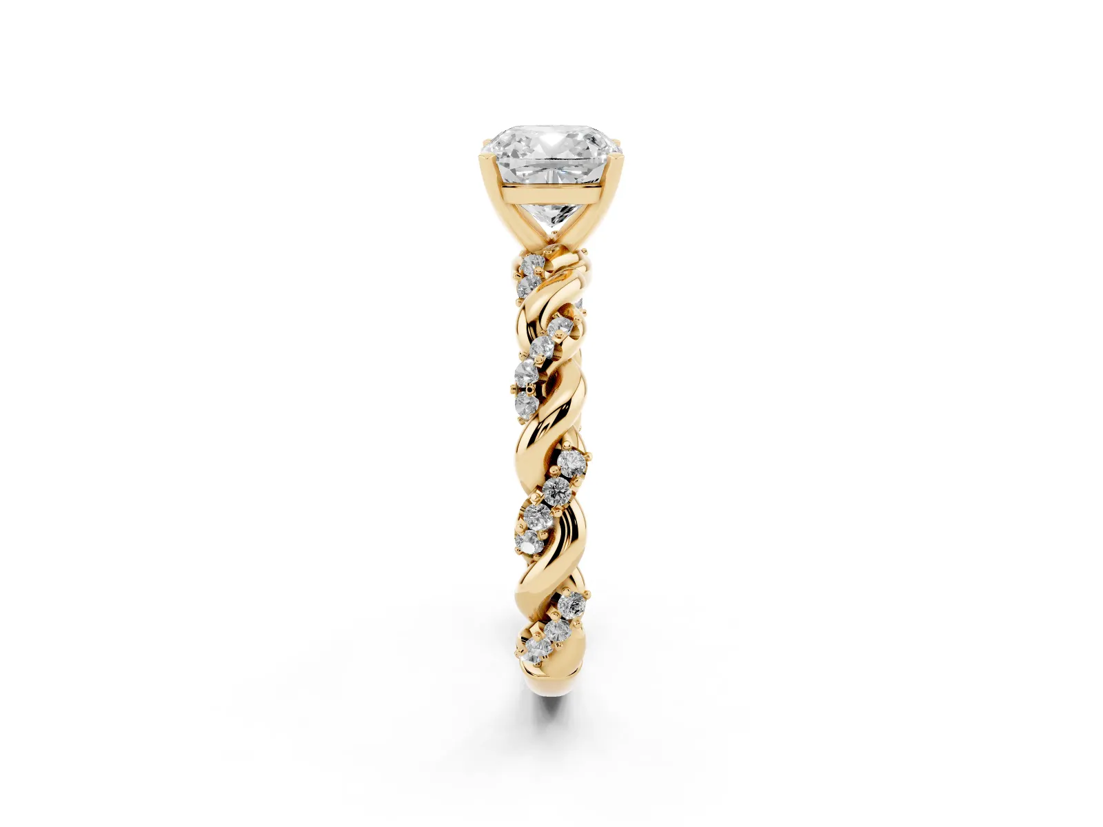 Cushion Cut Diamond Solitaire Ring with Twisted Band and Pavé Accents Yellow gold