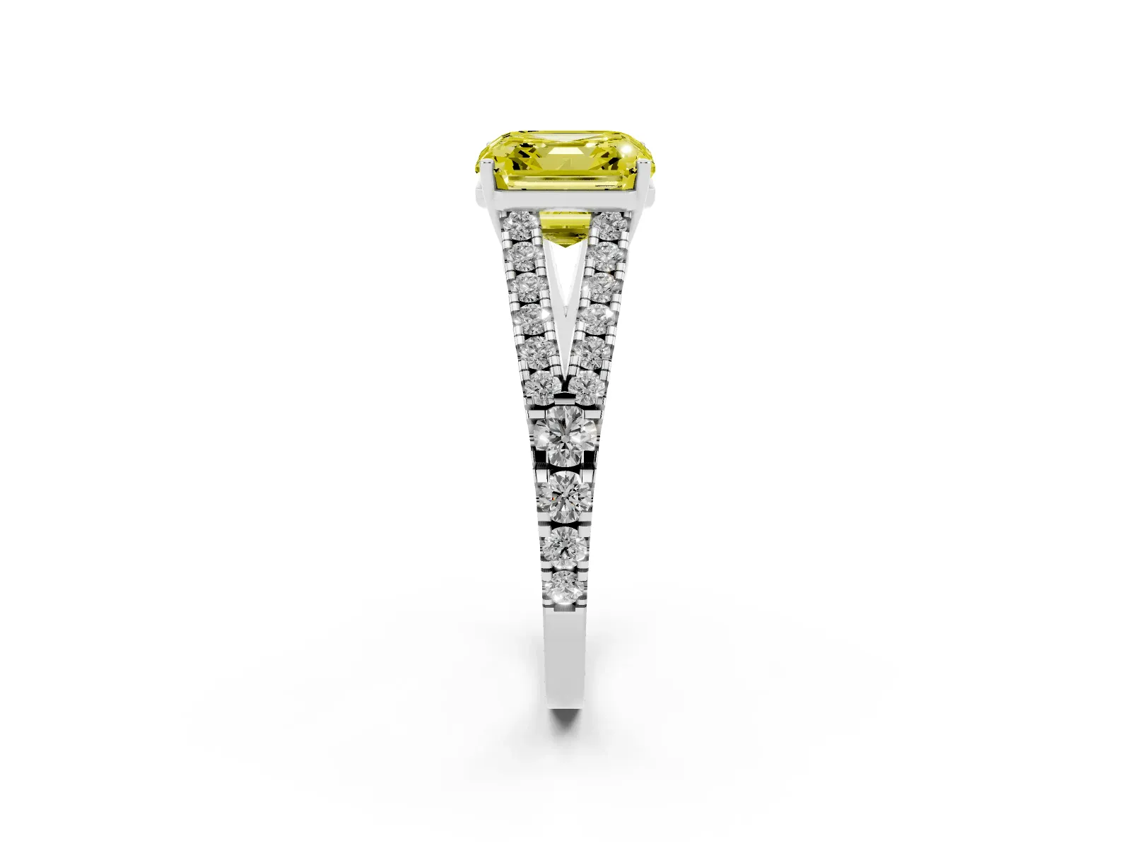 Fancy Yellow Asscher Cut Diamond Split Shank Engagement Ring with Round Pavé and Prong Setting White gold