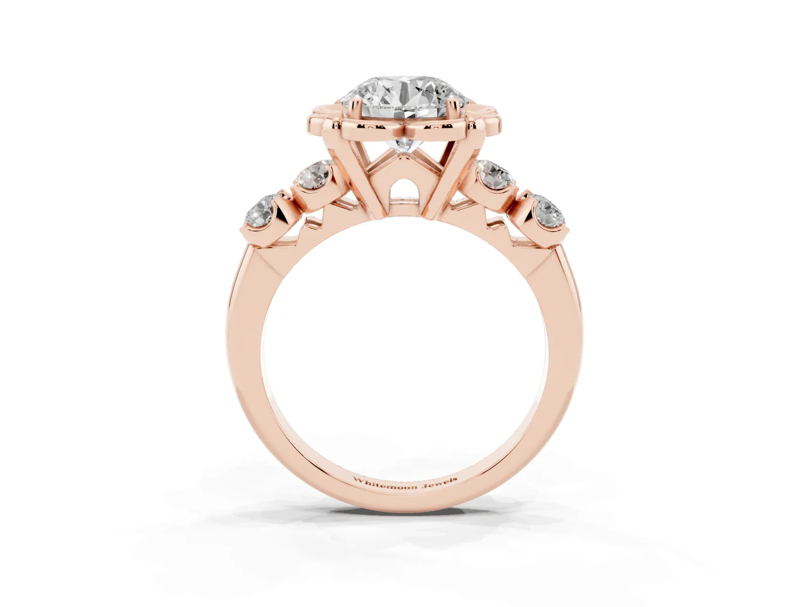 Round Cut Cut Diamond Floral Halo Engagement Ring with Shared Prong Setting Rose gold