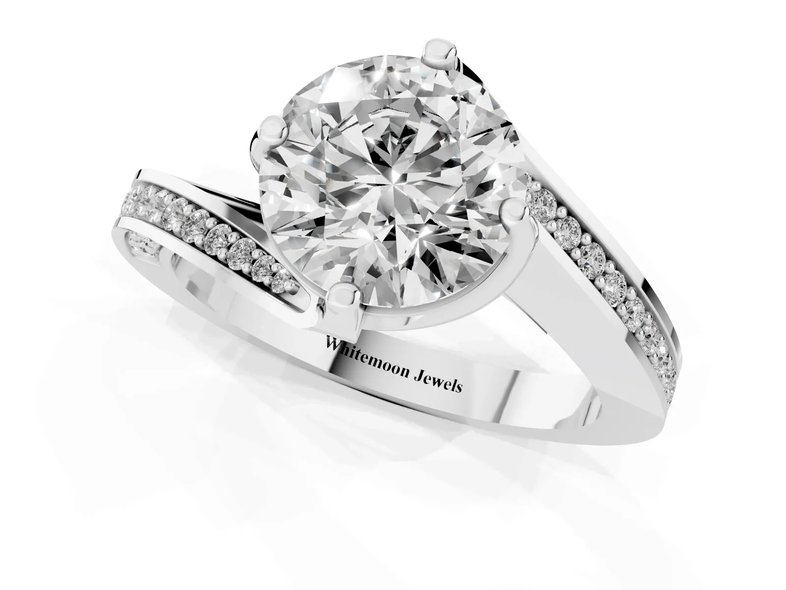 Round Cut Solitaire Diamond Twist Band with Pavé Setting and Four-Prong Setting Platinum
