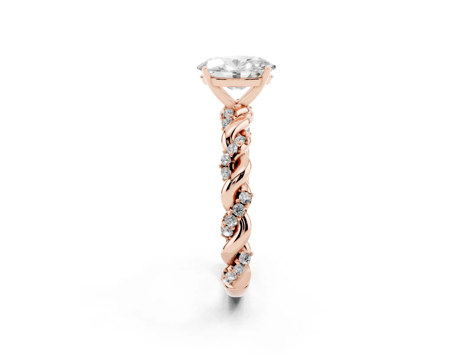 Oval Cut Diamond Solitaire Ring with Twisted Band and Pavé Accents Rose gold