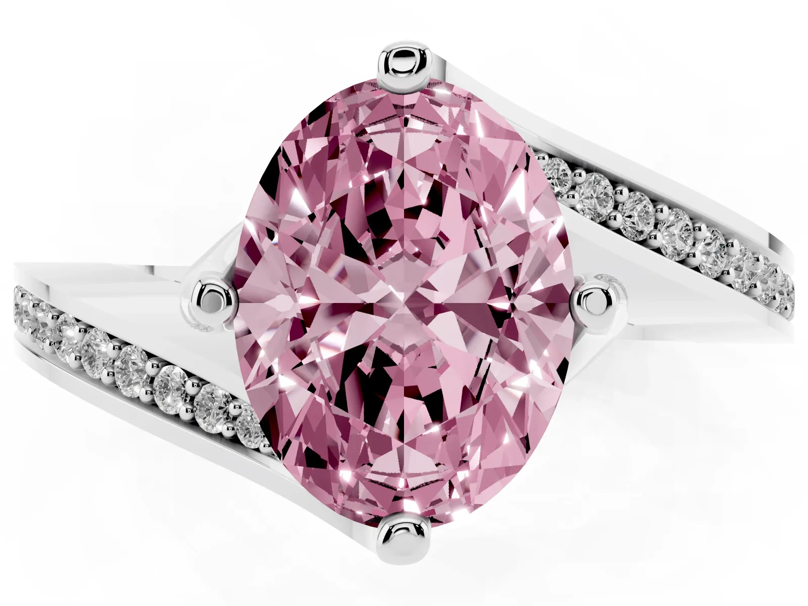 Fancy Pink Oval Cut Solitaire Diamond Twist Band with Pavé Setting and Four-Prong Setting Platinum