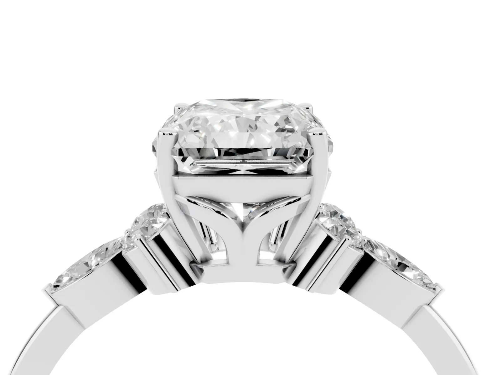 Radiant Cut Brilliant Diamond Solitaire Ring with Pear Side Stones and Four-Prong Setting White gold