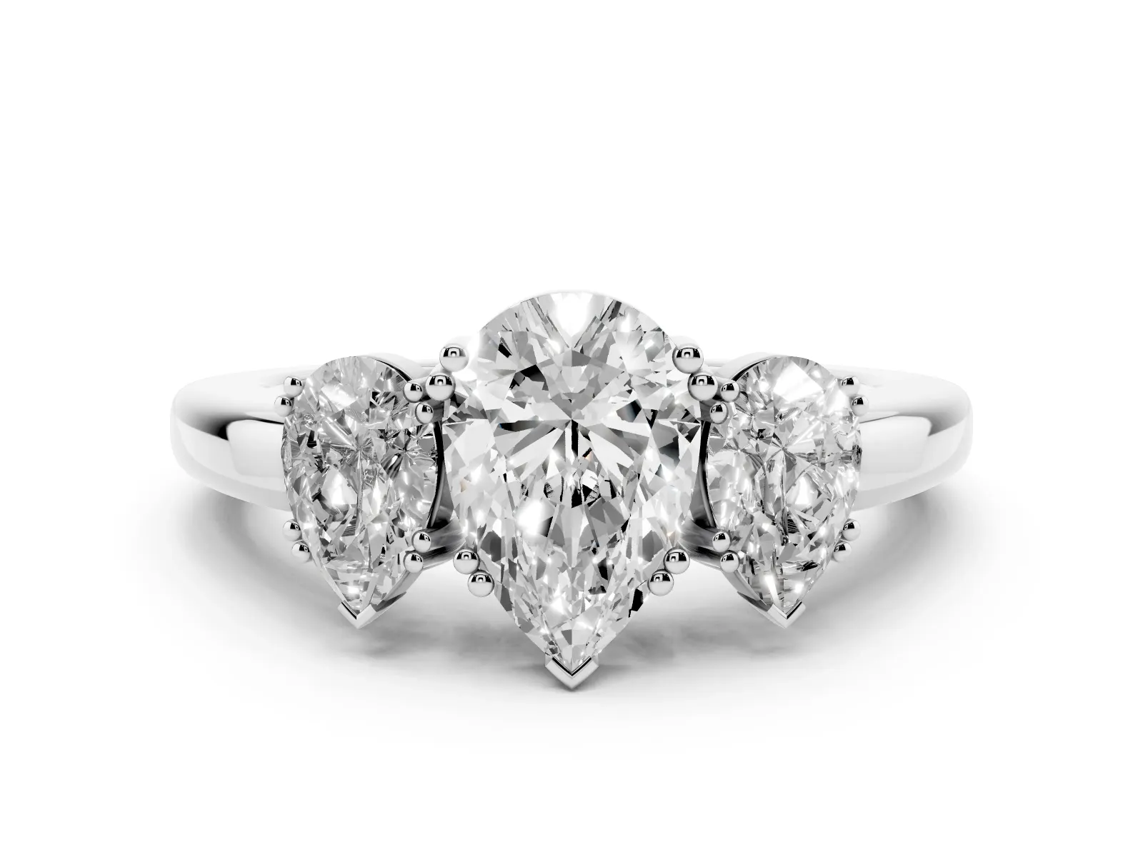 Three-Stone Pear Cut Cut Diamond Ring with Channel Set Band and Four-Prong Setting White gold