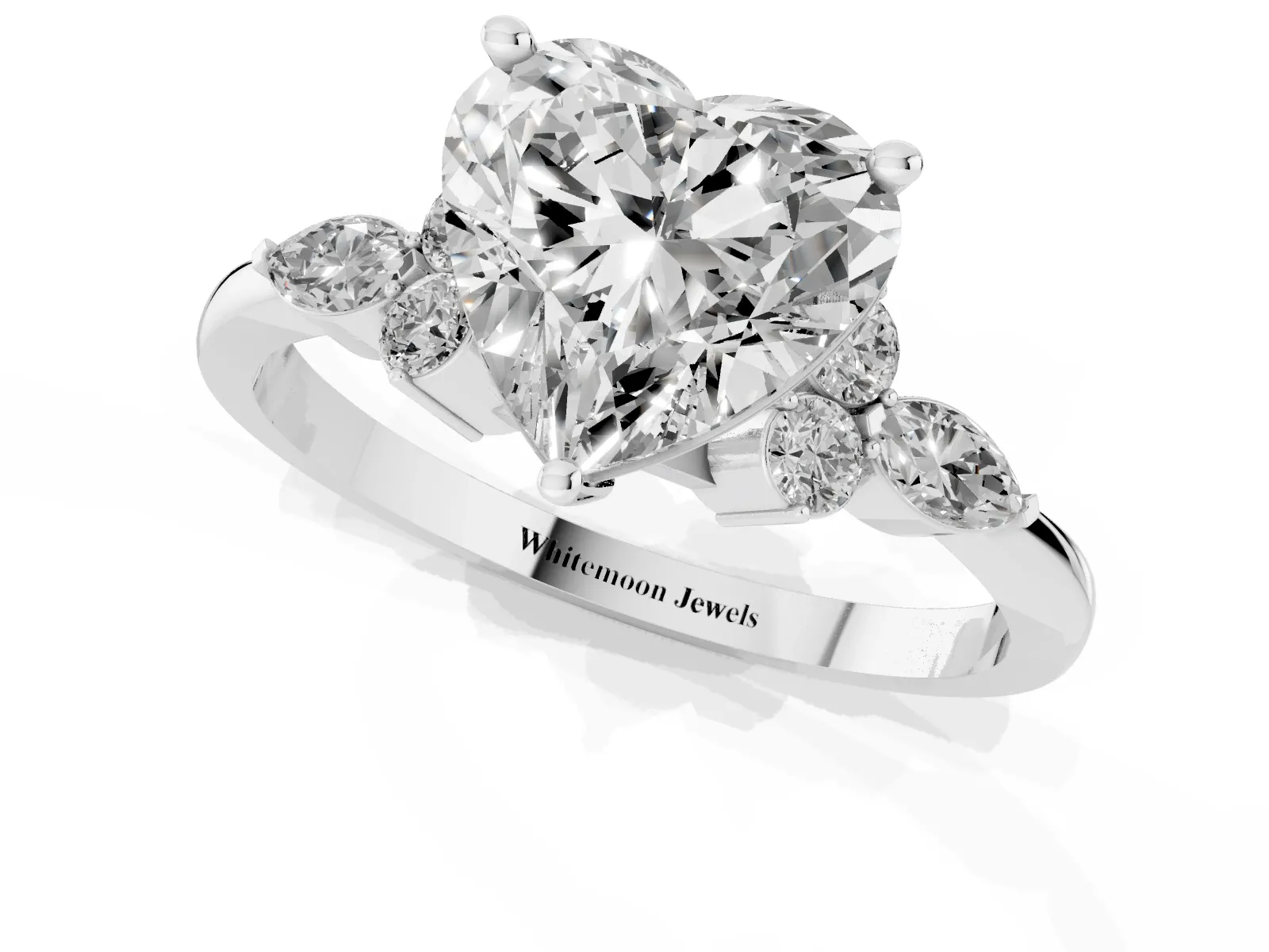 Heart Cut Brilliant Diamond Solitaire Ring with Pear Side Stones and Four-Prong Setting Platinum