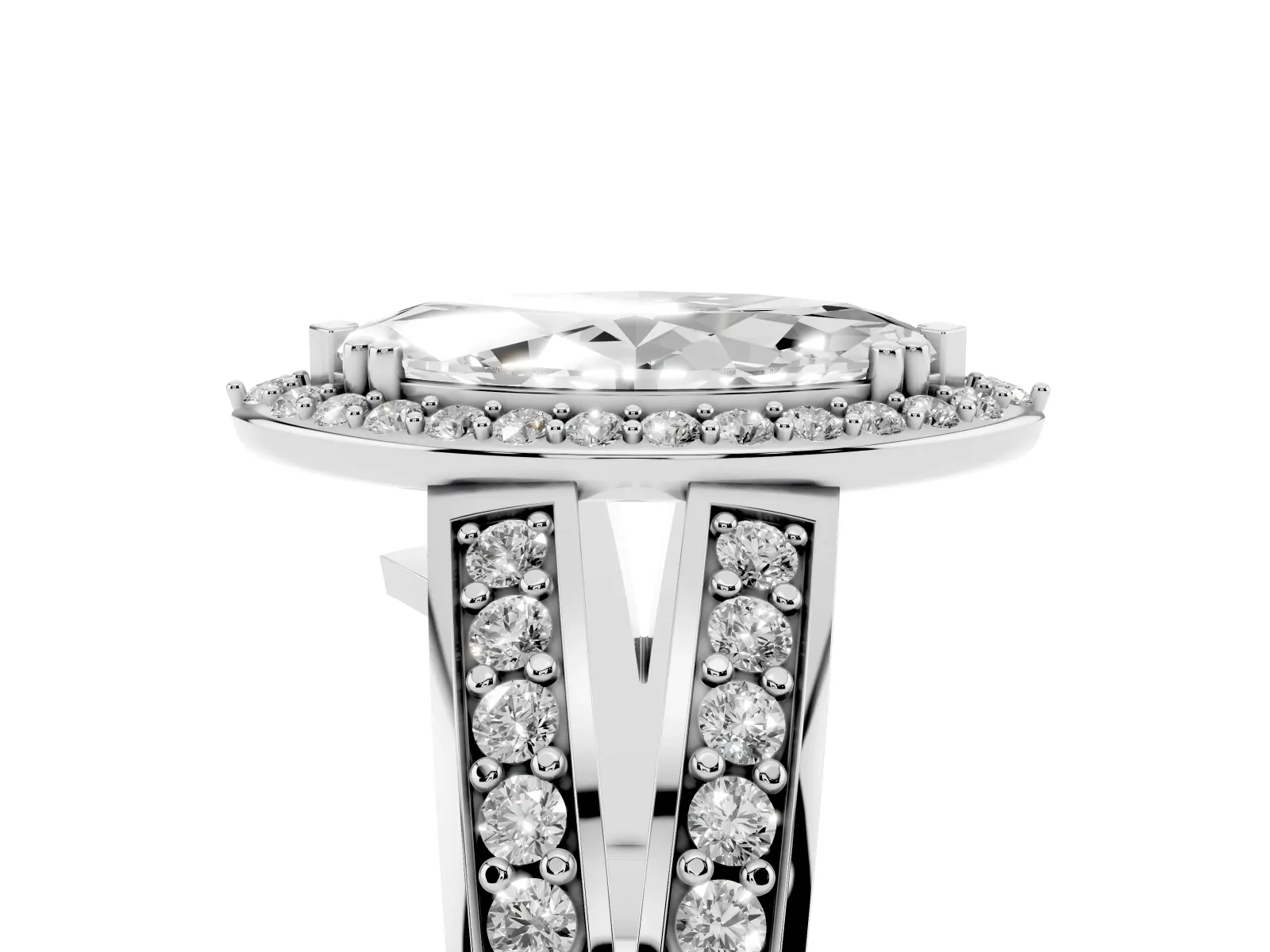 Marquise Cut Diamond Halo Ring with Split Shank Pavé Band and Four-Prong Setting White gold