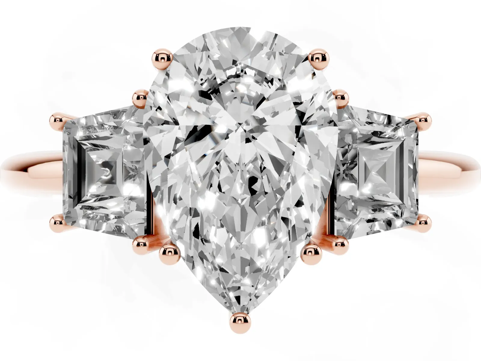 Pear Cut Diamond Three-Stone Ring with Trapezoid Side Stones and Prong Setting Rose gold
