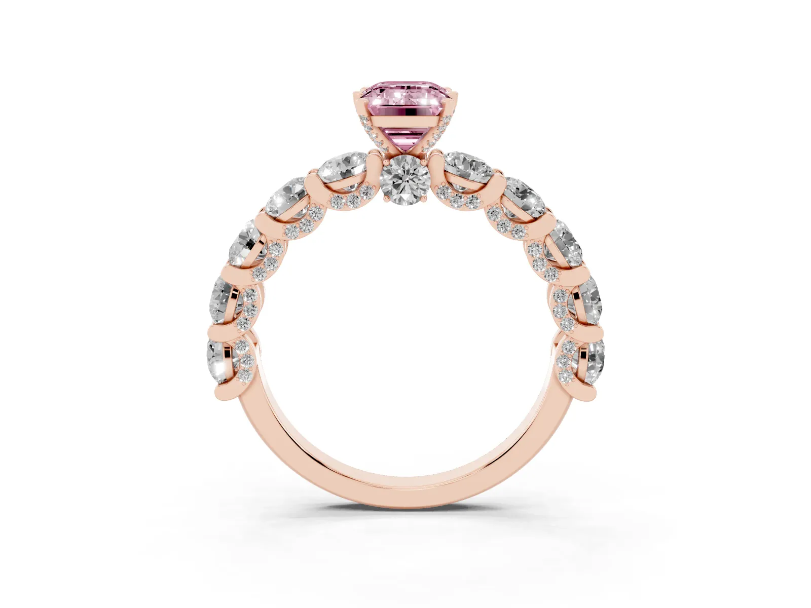 Fancy Pink Emerald Cut Diamond Side Stone Engagement Ring with Four-Prong Setting Rose gold