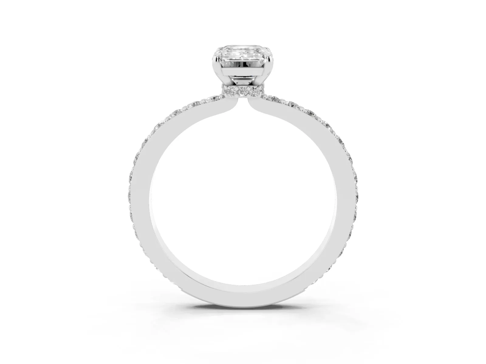 Emerald Cut Diamond Solitaire Engagement Ring with Pavé Band and Four-Prong Setting White gold