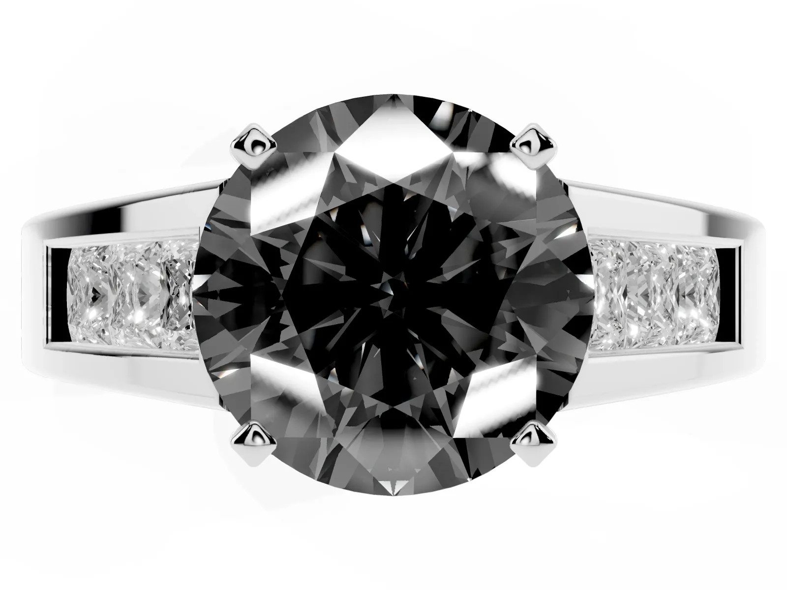 Fancy Black Round Cut Cut Channel Set Solitaire Ring with Four-Prong Setting Platinum