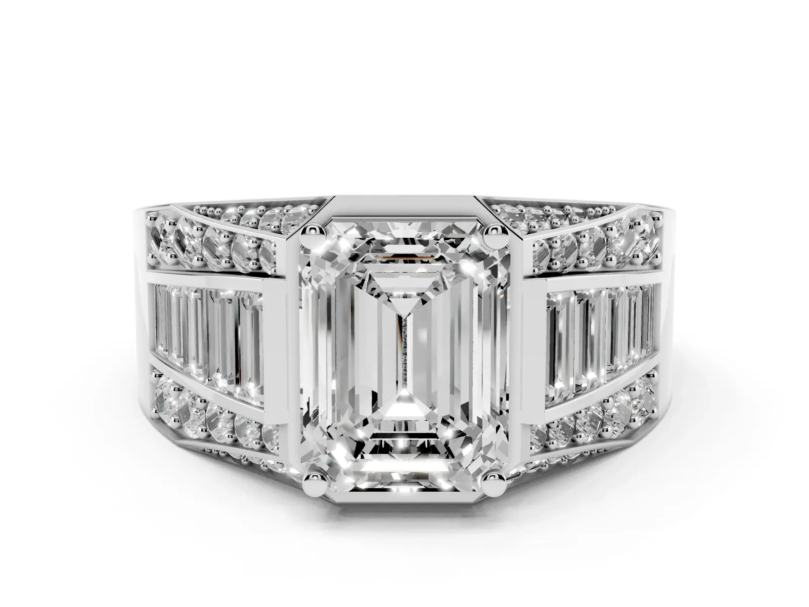 Emerald Cut Diamond Mens Ring with Baguette Side Stones Platinum