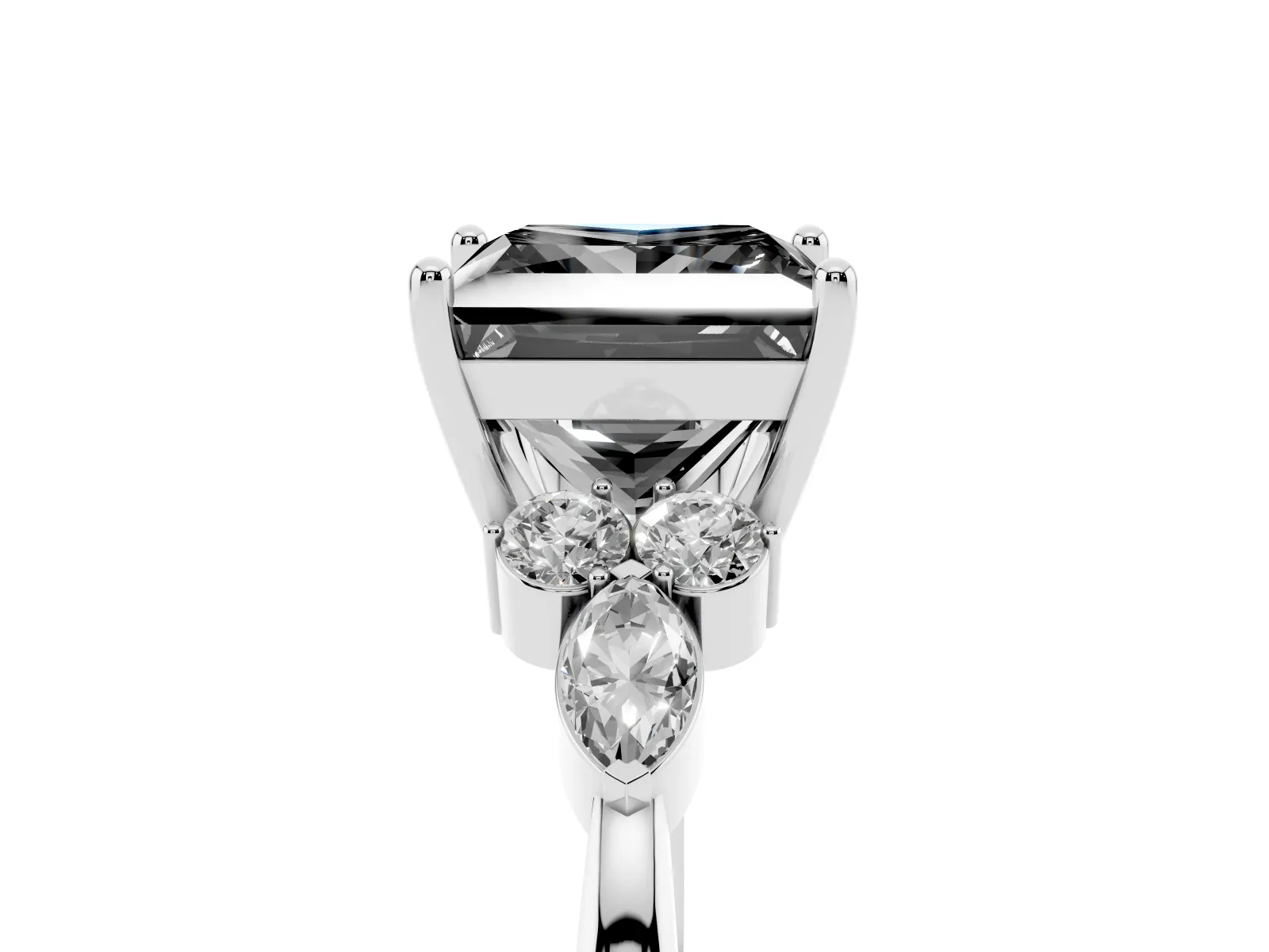 Fancy Black Princess Cut Brilliant Diamond Solitaire Ring with Pear Side Stones and Four-Prong Setting Platinum