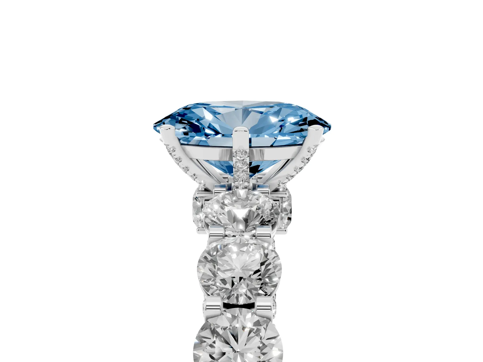 Fancy Blue Oval Cut Diamond Side Stone Engagement Ring with Four-Prong Setting White gold
