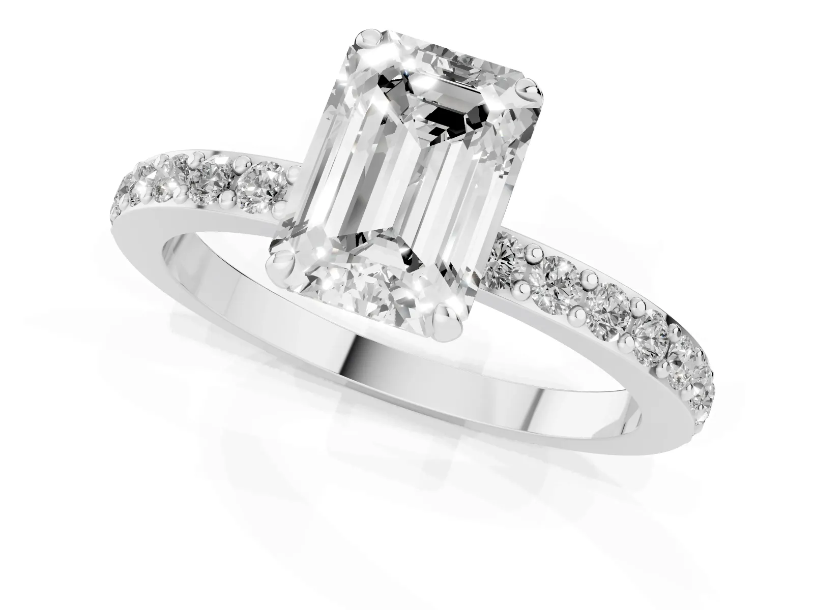 Emerald Cut Diamond Solitaire Engagement Ring with Pavé Band and Four-Prong Setting White gold