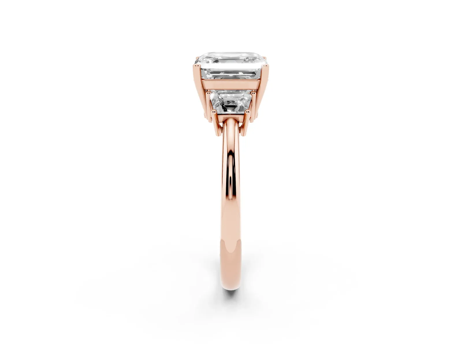 Asscher Cut Diamond Three-Stone Ring with Trapezoid Side Stones and Prong Setting Rose gold