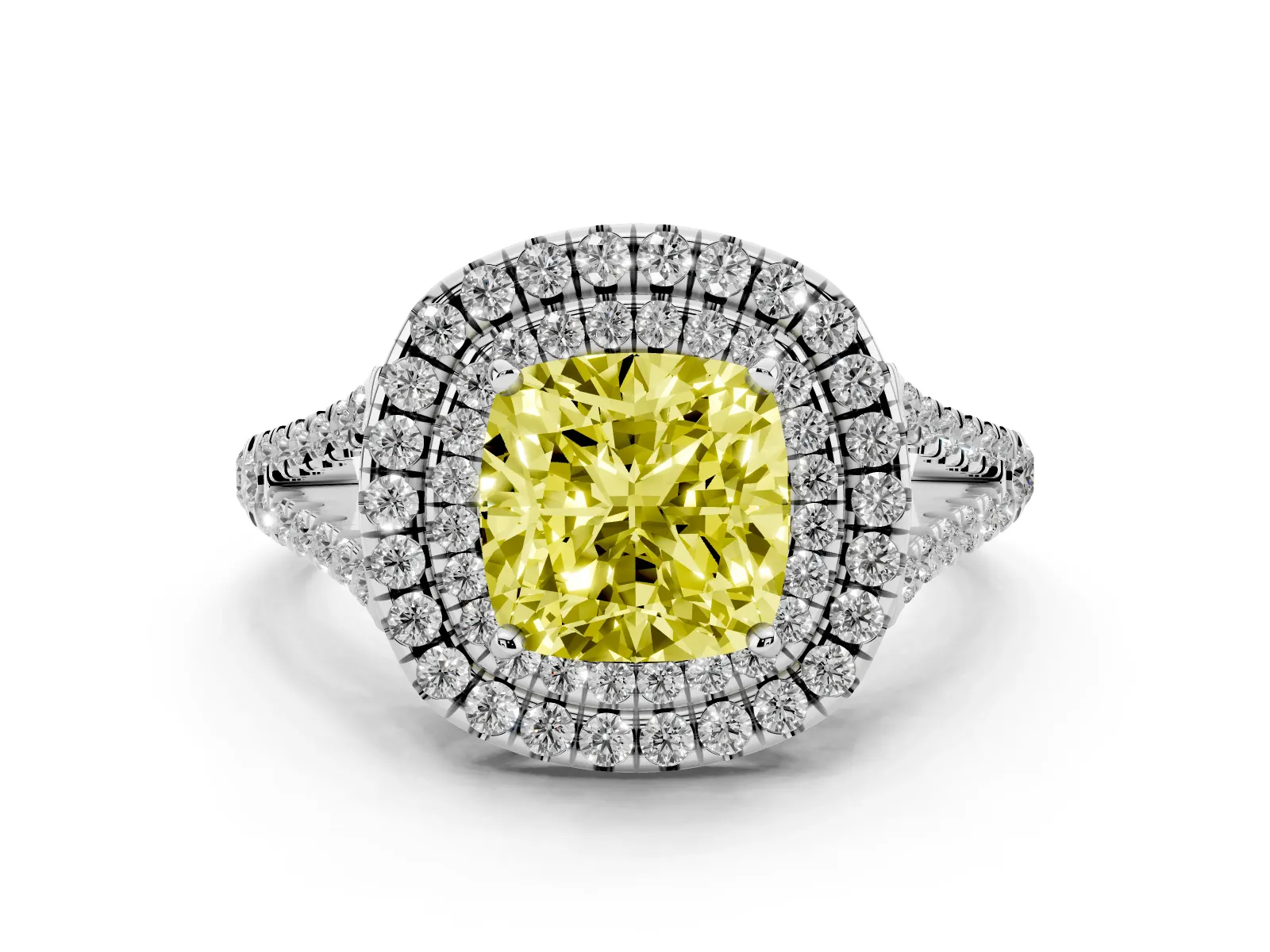 Fancy Yellow Cushion Cut Diamond Double Halo Ring with Pavé Band and Prong Setting Platinum