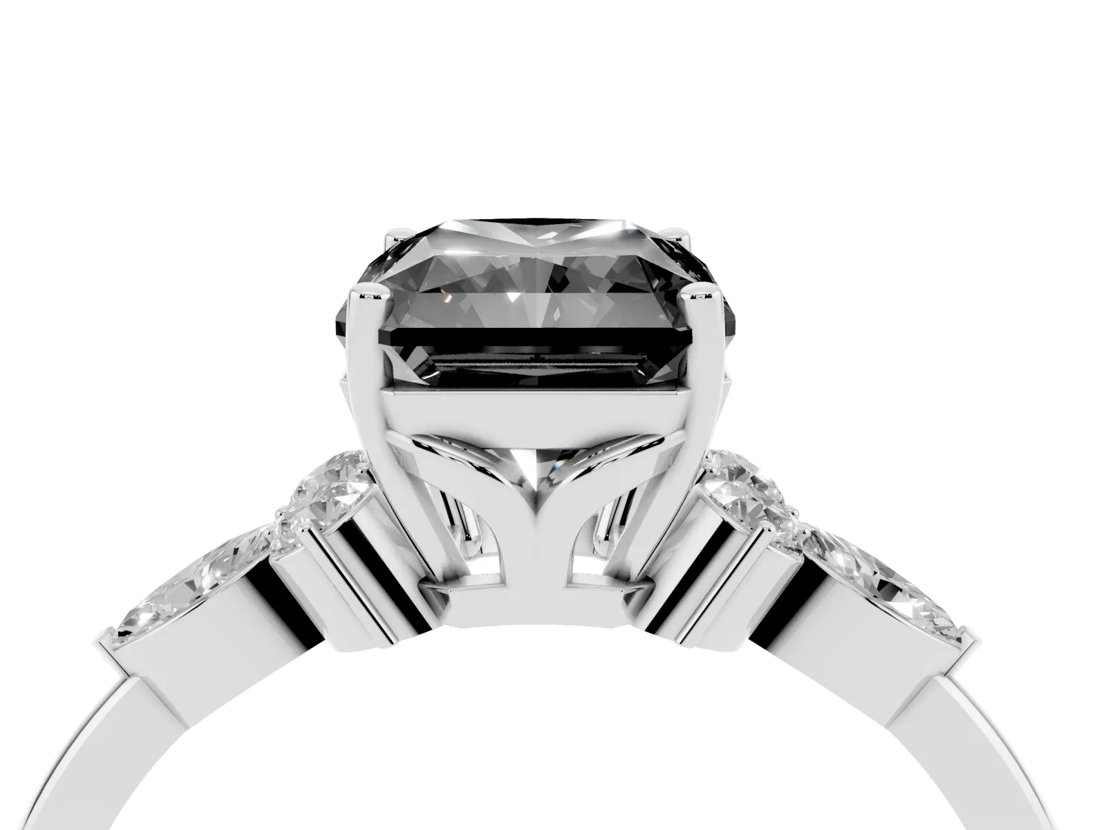 Fancy Black Radiant Cut Brilliant Diamond Solitaire Ring with Pear Side Stones and Four-Prong Setting White gold