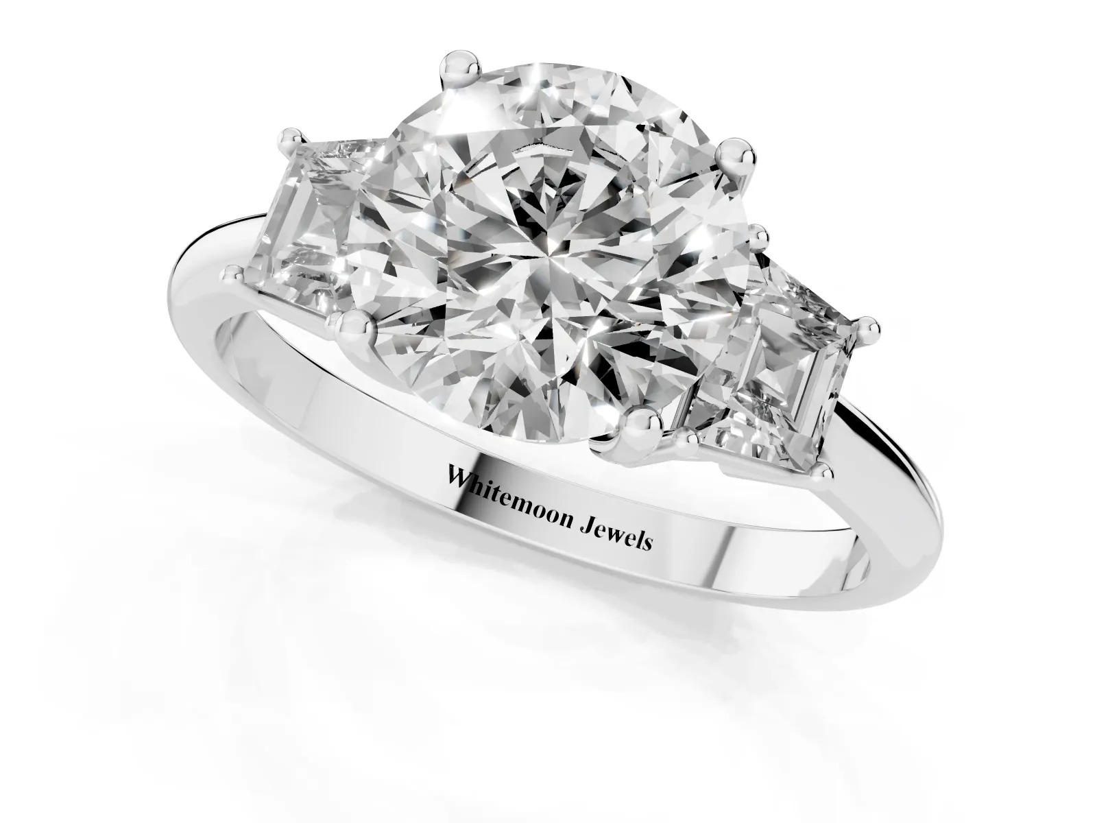 Round Cut Diamond Three-Stone Ring with Trapezoid Side Stones and Prong Setting Platinum