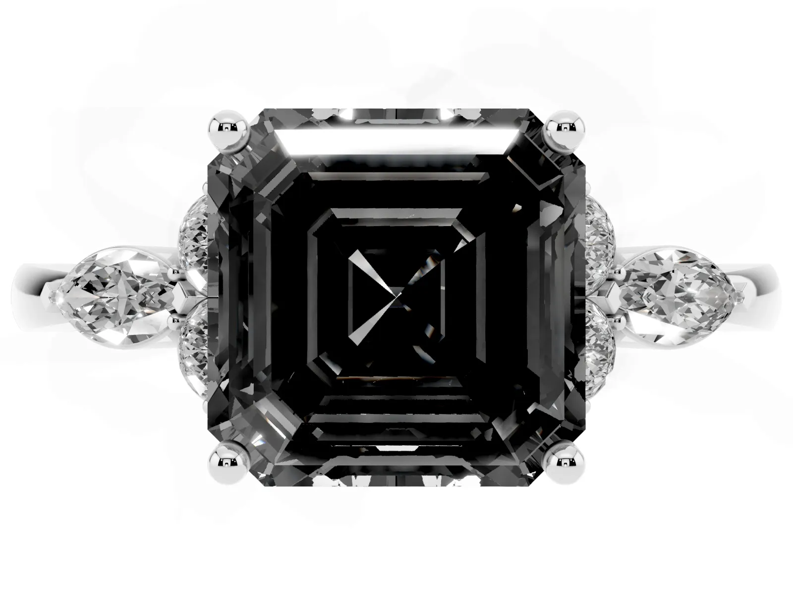 Fancy Black Asscher Cut Brilliant Diamond Solitaire Ring with Pear Side Stones and Four-Prong Setting Platinum