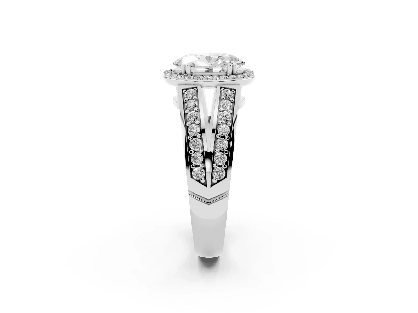 Oval Cut Diamond Halo Ring with Split Shank Pavé Band and Four-Prong Setting White gold