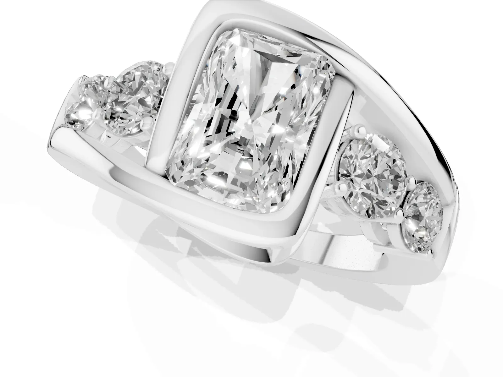 Bezel Set Radiant Cut Diamond Bypass Ring with Round Accents White gold