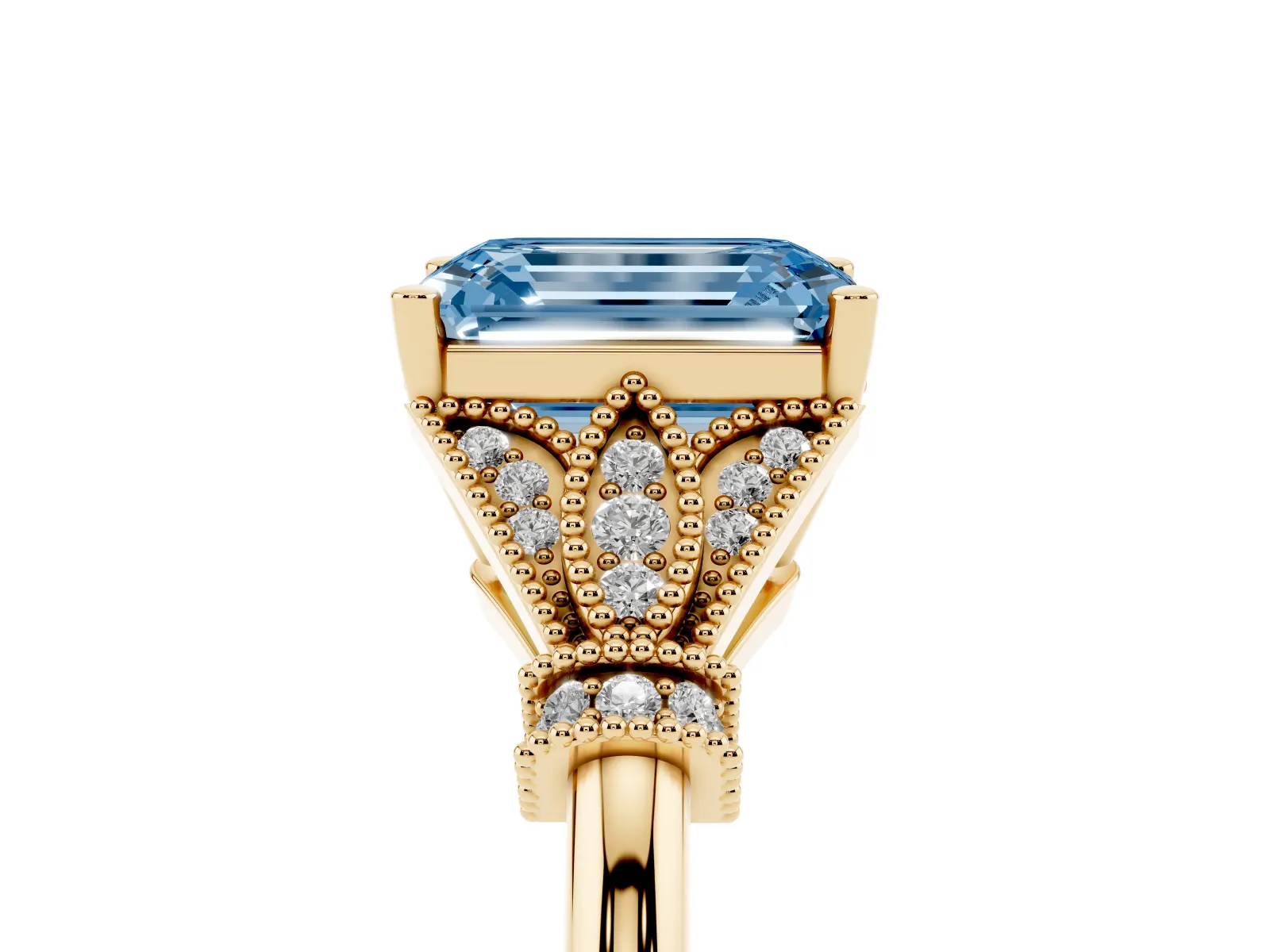 Fancy Blue Emerald Cut Diamond Solitaire Ring with Floral Filigree and Pave Accents Yellow gold