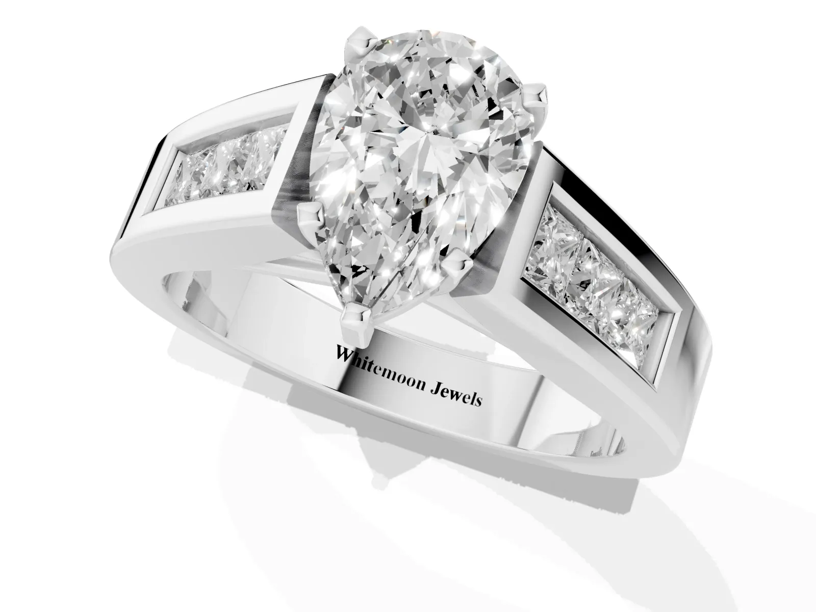 Pear Cut Cut Channel Set Solitaire Ring with Four-Prong Setting Platinum