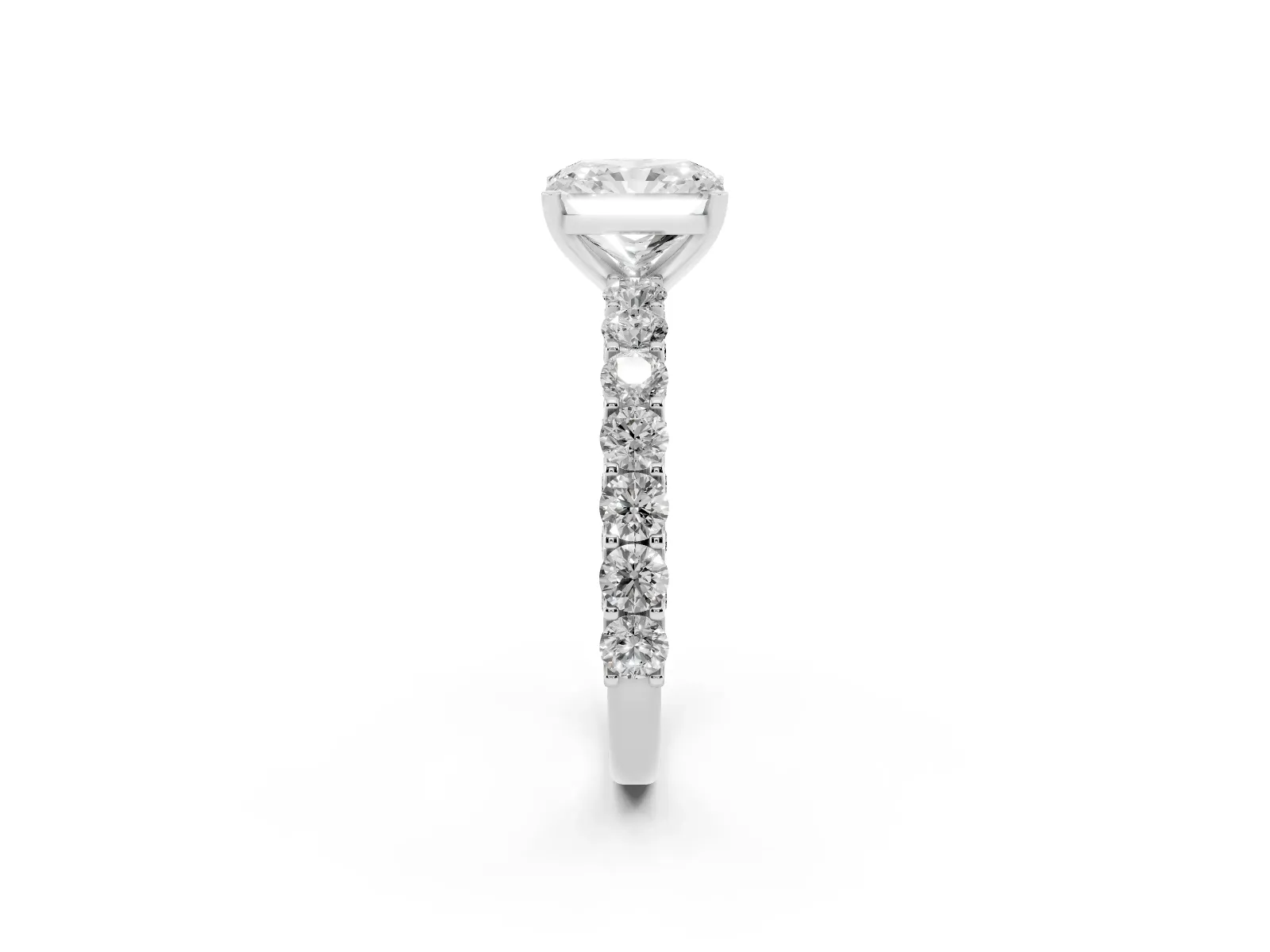 Radiant Cut Diamond Solitaire Ring with Shared Prong Pavé Band and Four-Prong Setting Platinum