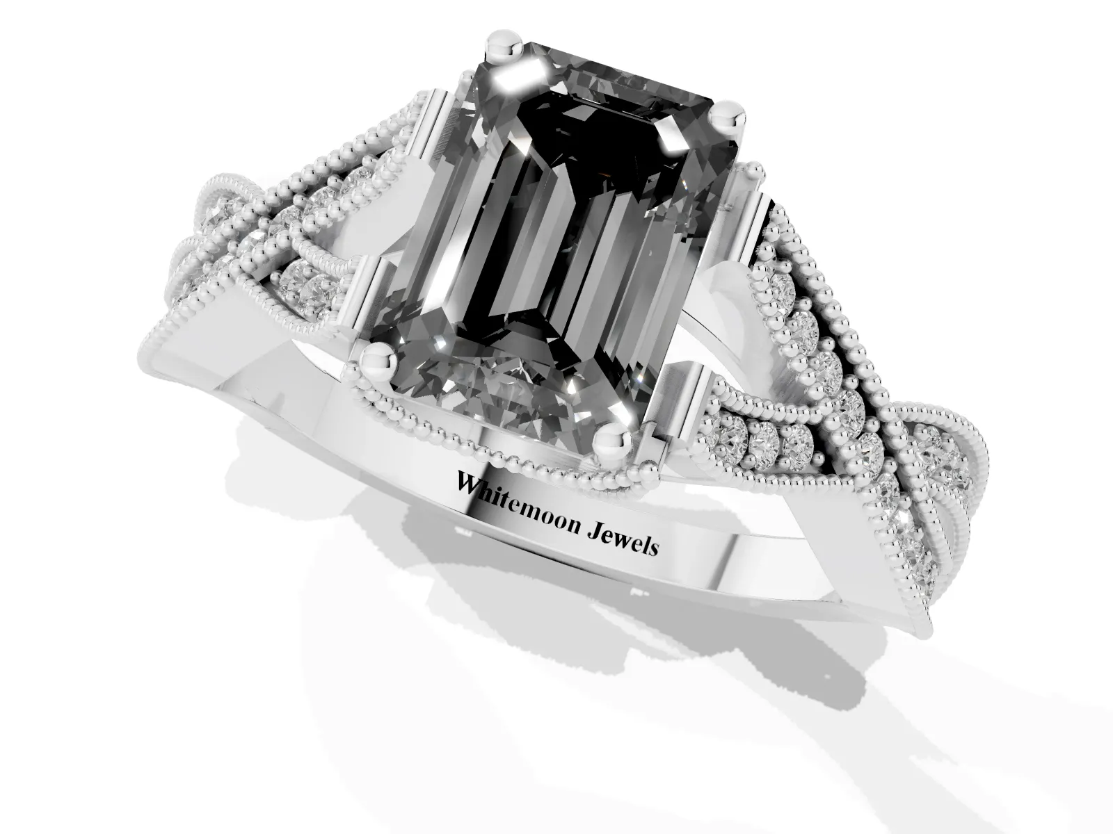 Fancy Black Emerald Cut Cut Diamond Twisted Band with Milgrain Pave Setting and Four-Prong Setting Platinum