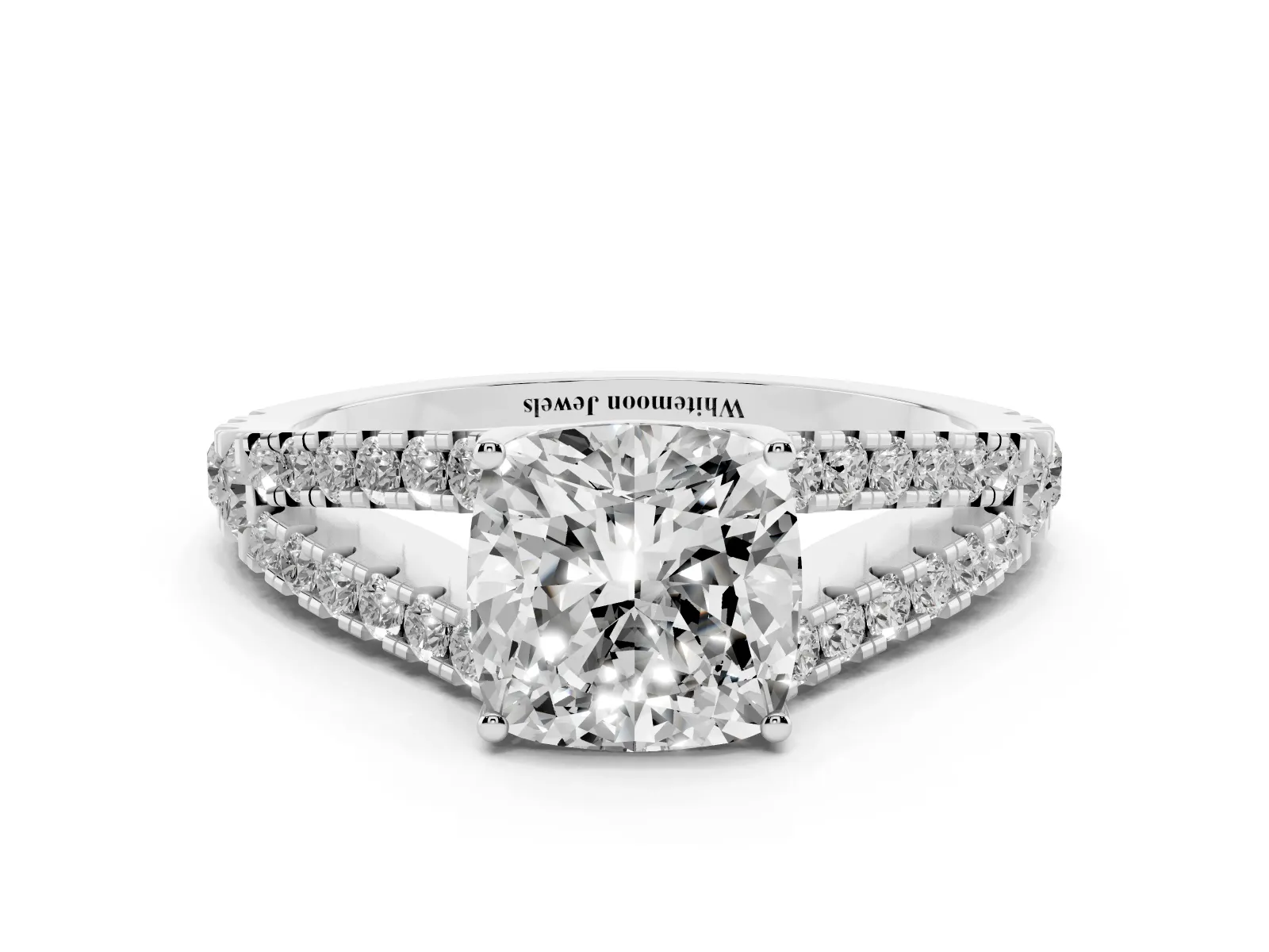 Cushion Cut Diamond Split Shank Engagement Ring with Round Pavé and Prong Setting White gold