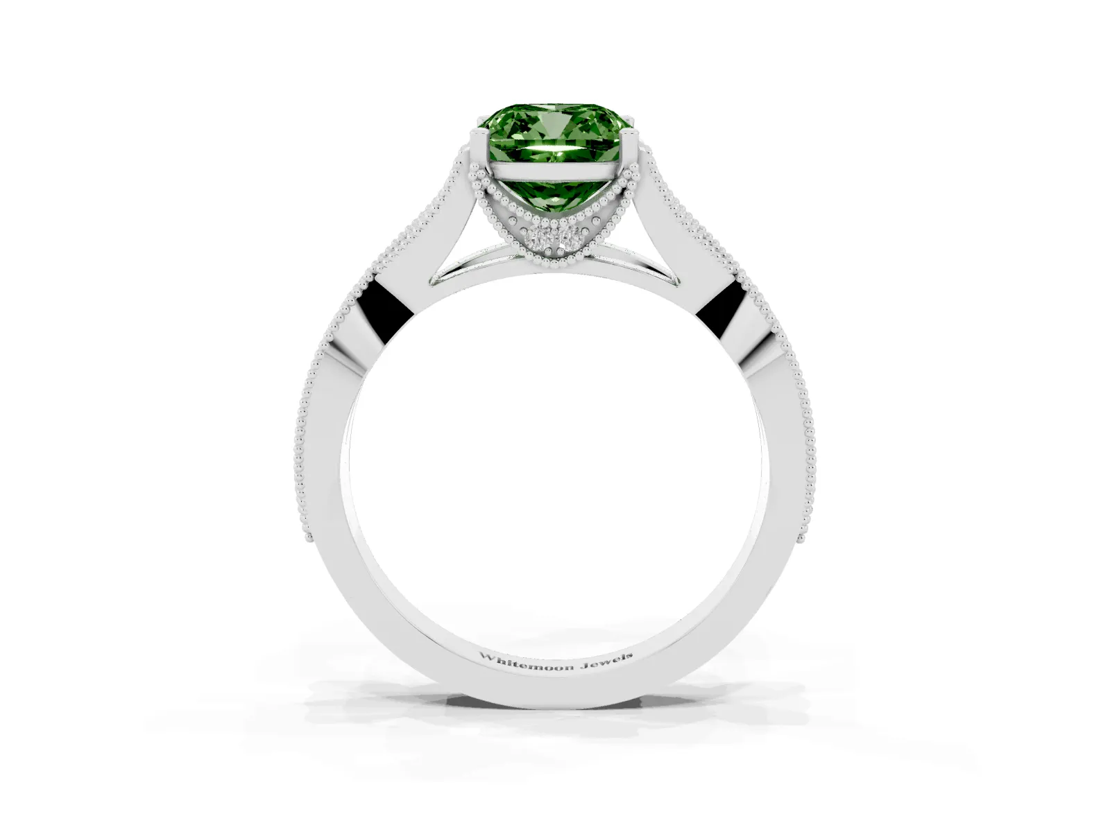 Fancy Green Cushion Cut Cut Diamond Twisted Band with Milgrain Pave Setting and Four-Prong Setting Platinum
