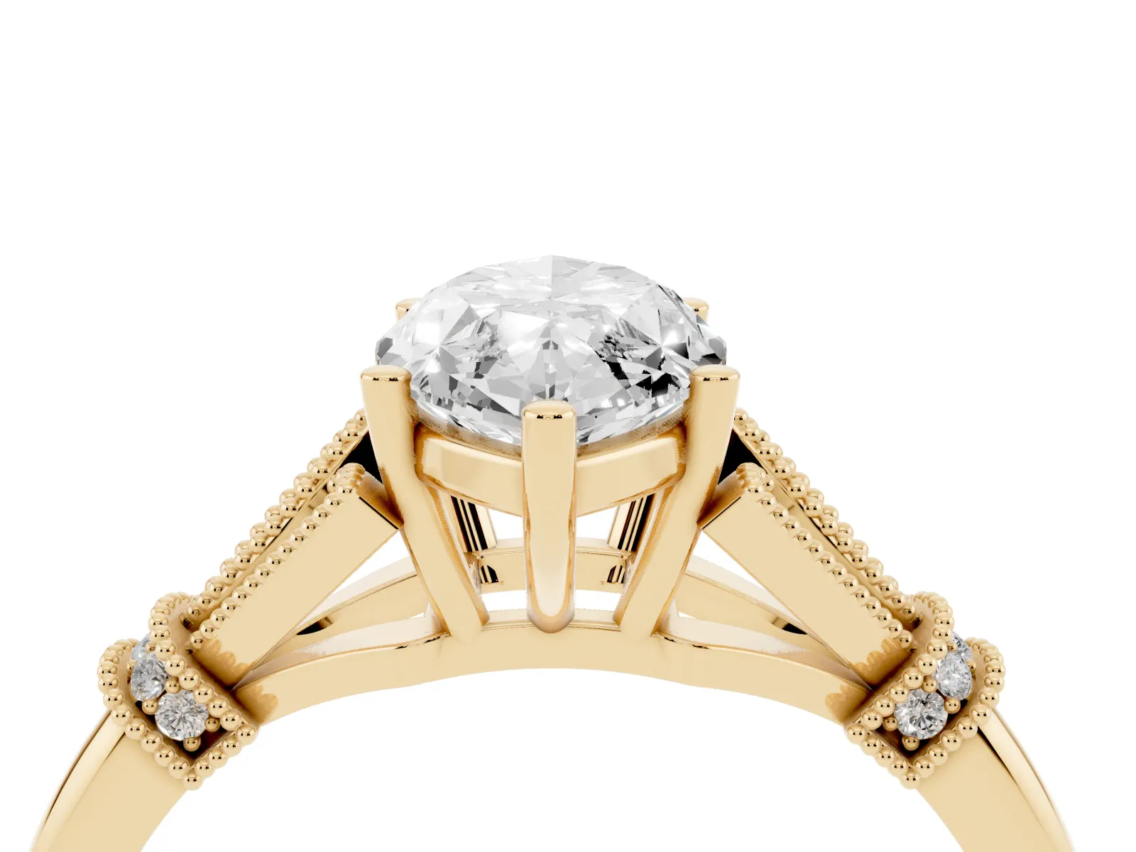 Marquise Cut Diamond Solitaire Ring with Floral Filigree and Pave Accents Yellow gold