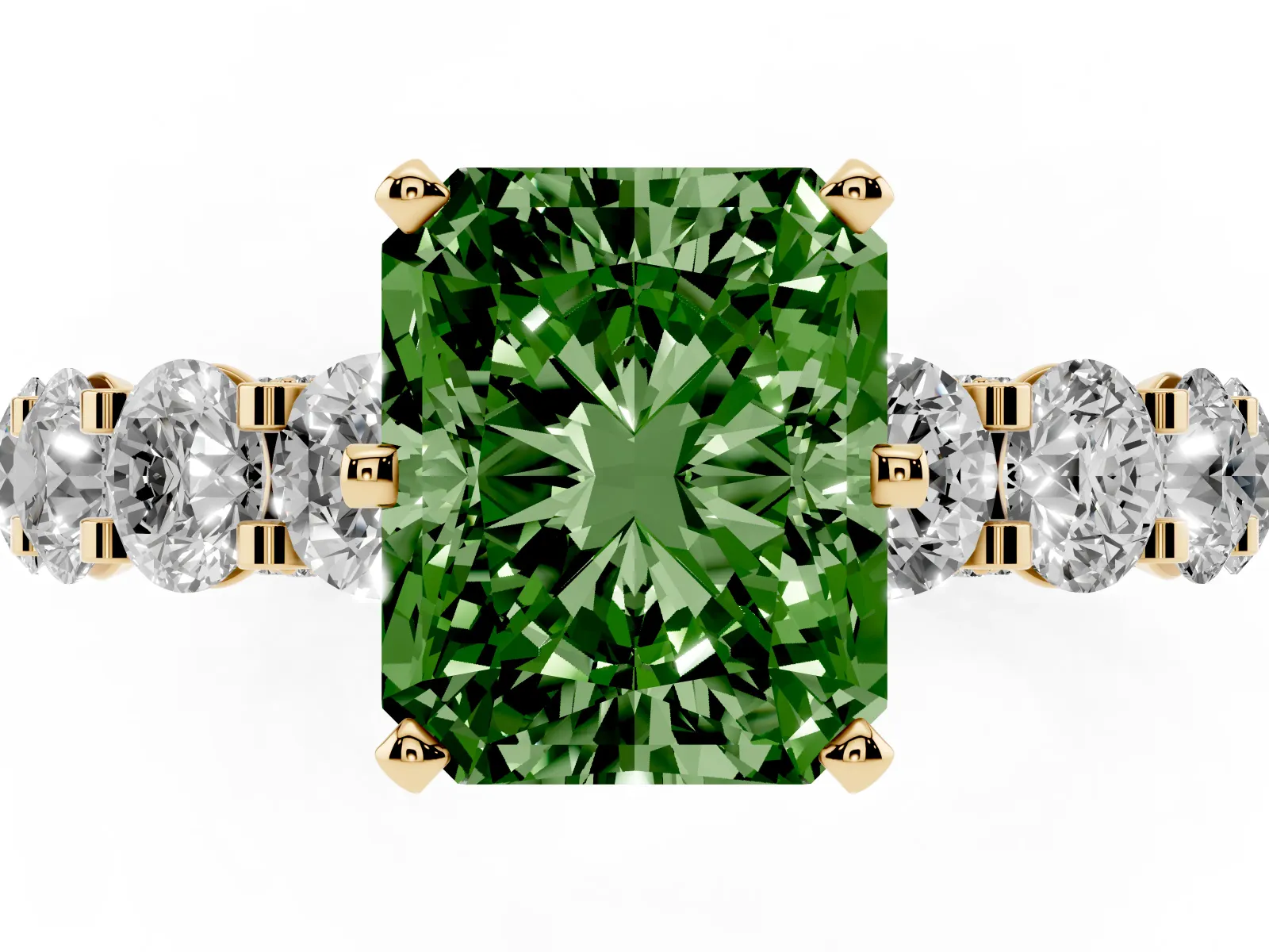 Fancy Green Radiant Cut Diamond Side Stone Engagement Ring with Four-Prong Setting Yellow gold