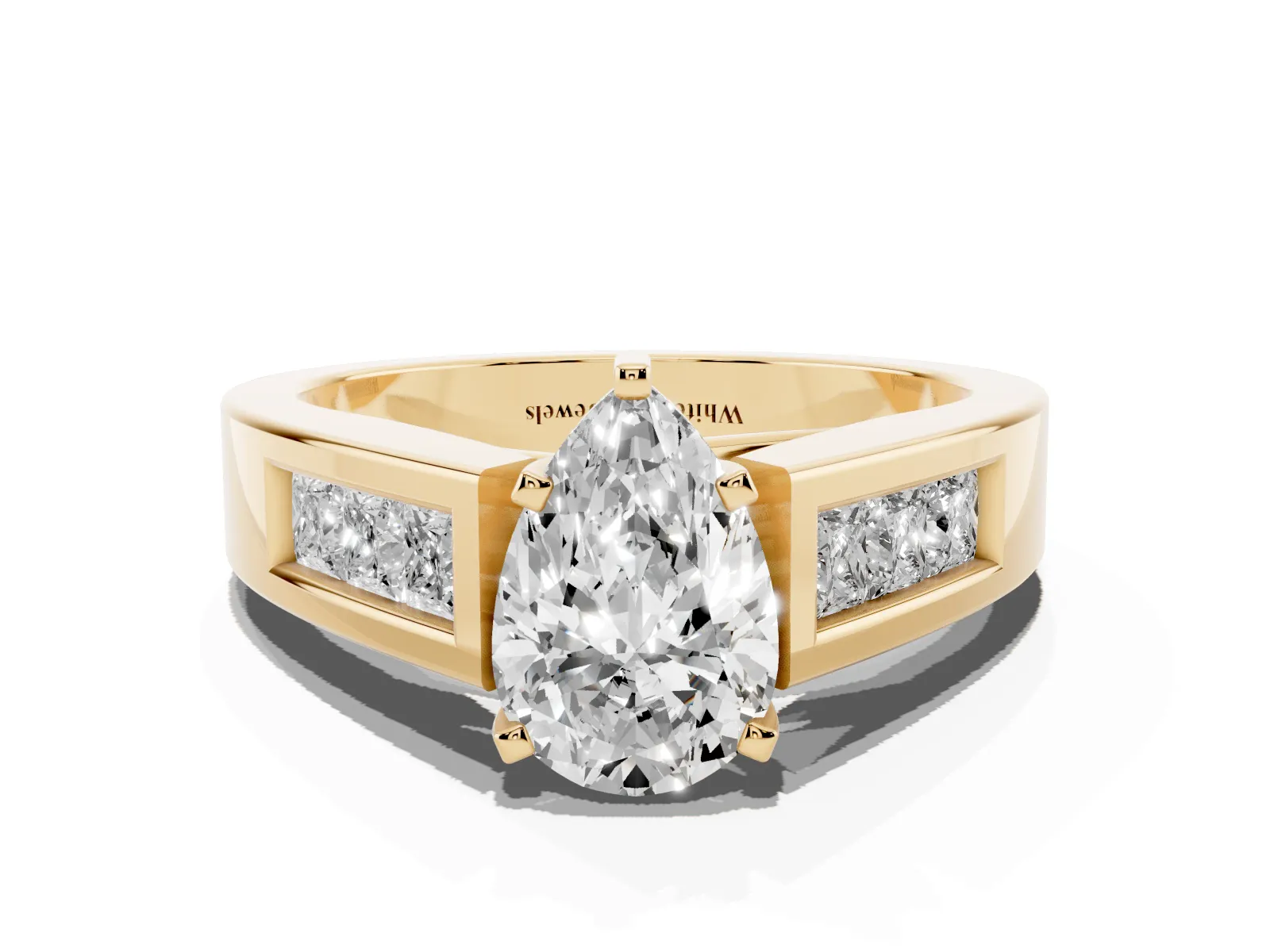Pear Cut Cut Channel Set Solitaire Ring with Four-Prong Setting Yellow gold