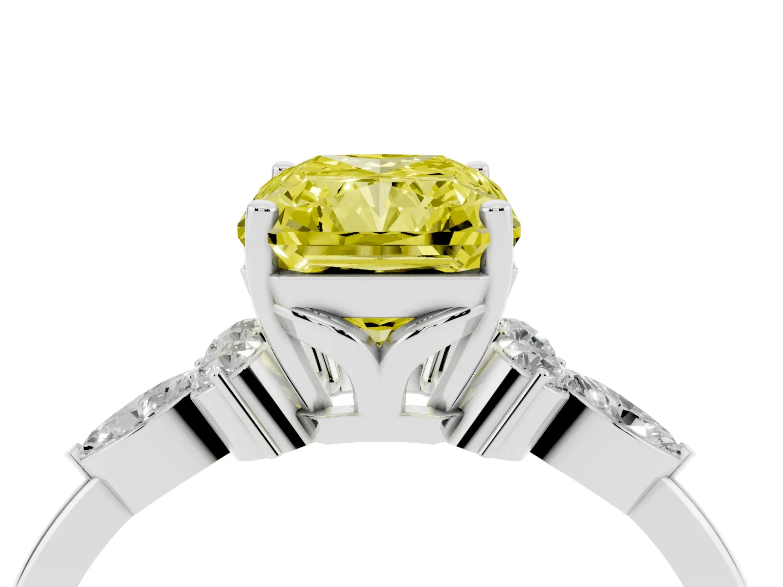 Fancy Yellow Radiant Cut Brilliant Diamond Solitaire Ring with Pear Side Stones and Four-Prong Setting White gold