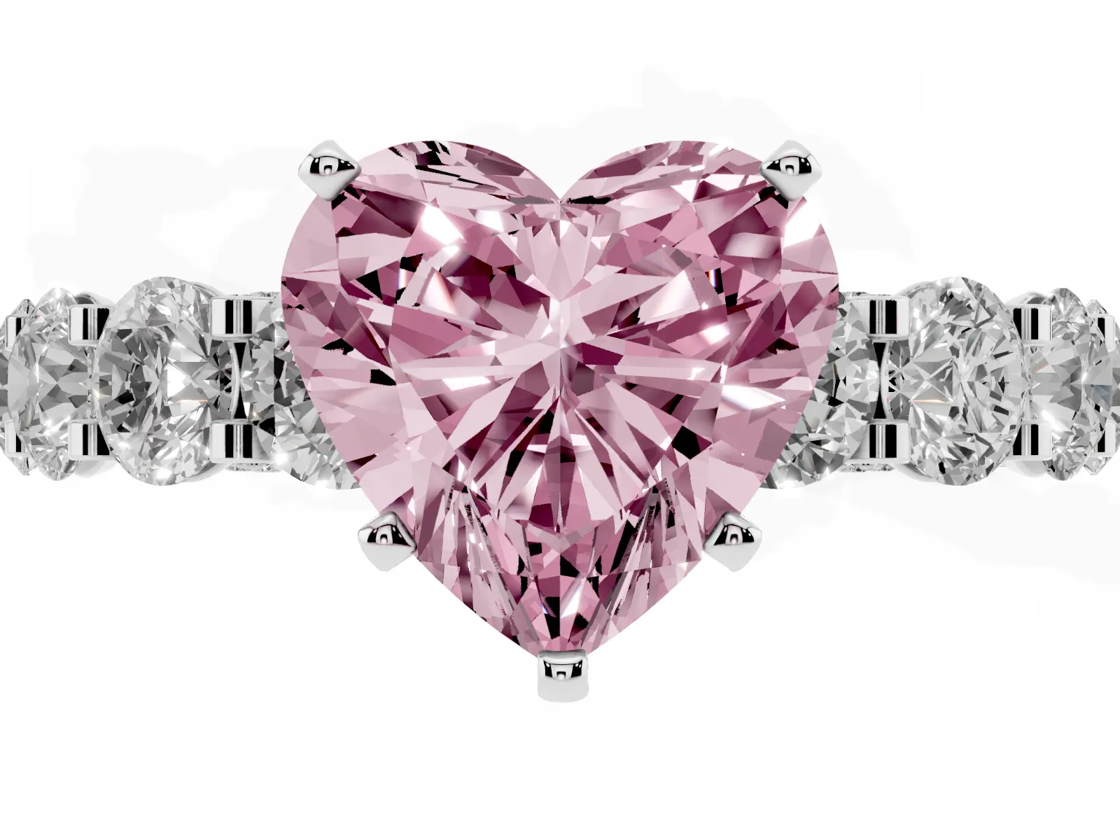 Fancy Pink Heart Cut Diamond Side Stone Engagement Ring with Four-Prong Setting Platinum