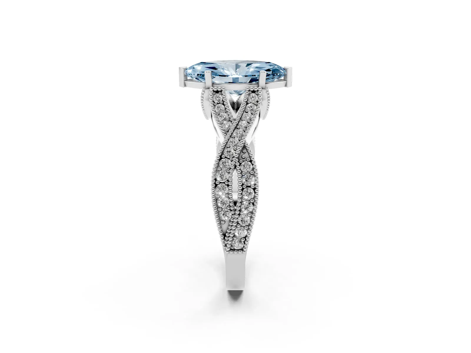 Fancy Blue Marquise Cut Cut Diamond Twisted Band with Milgrain Pave Setting and Four-Prong Setting Platinum